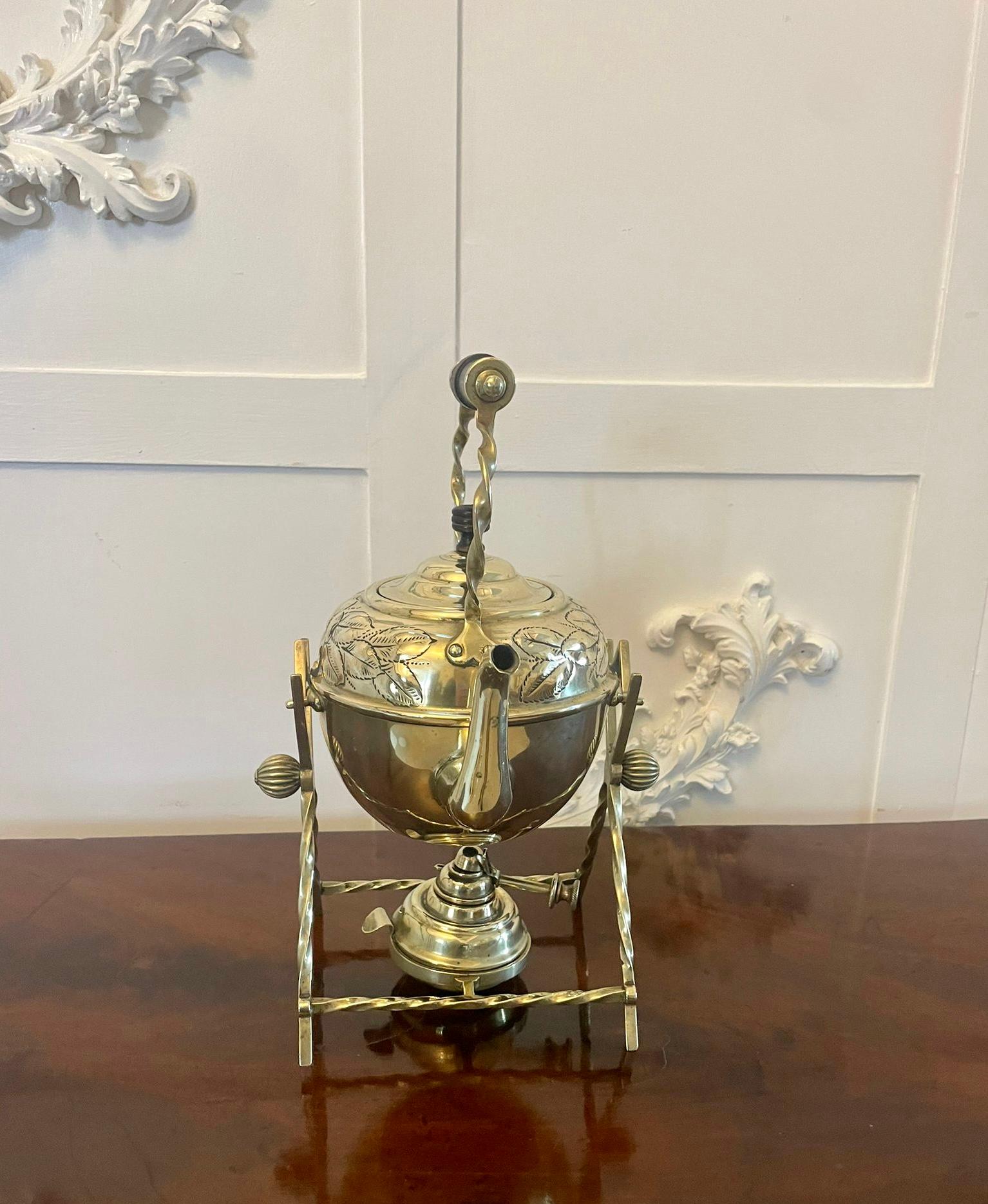 Antique Victorian Quality Brass Spirit Kettle on Stand  For Sale 4