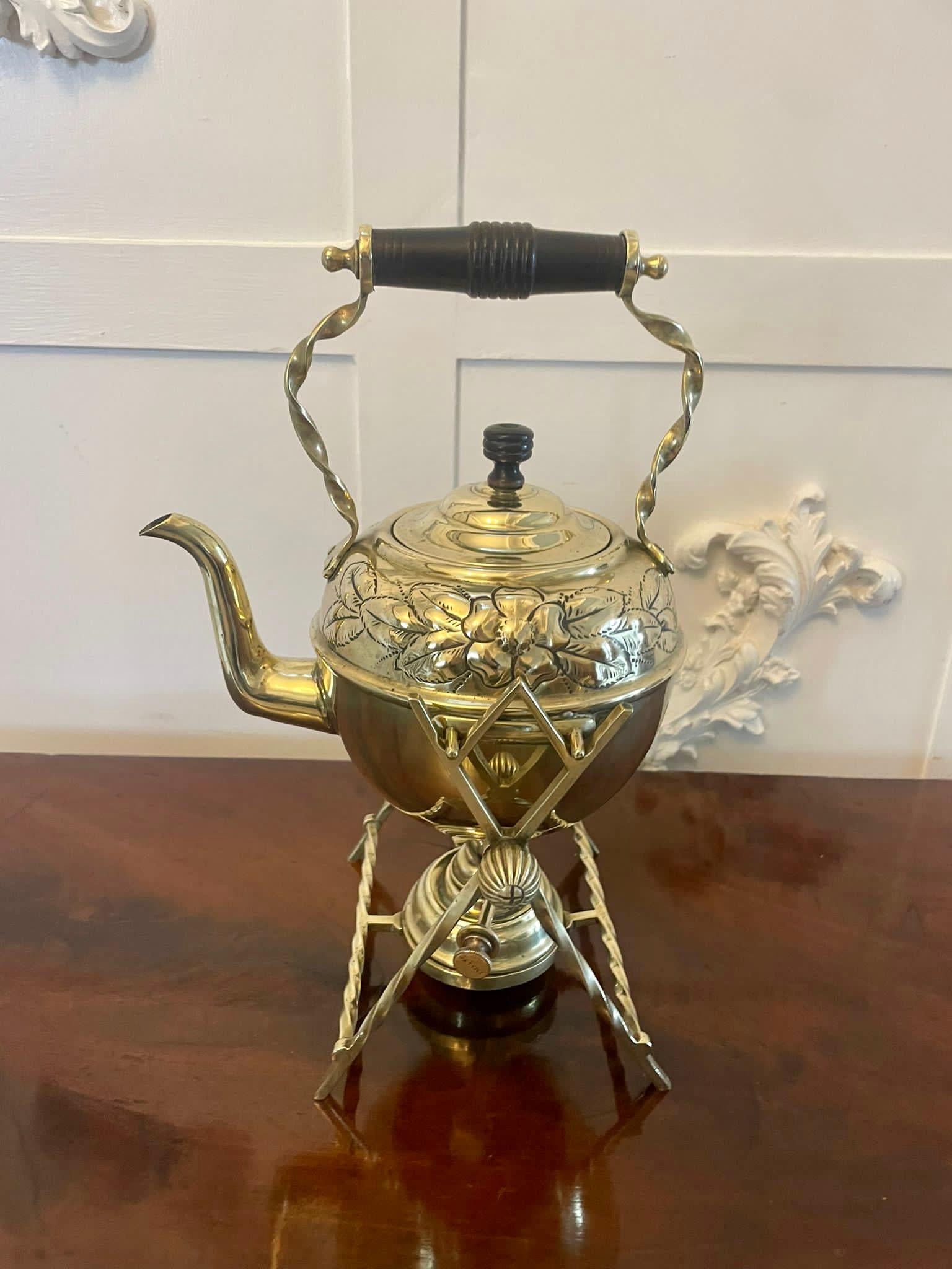 19th Century Antique Victorian Quality Brass Spirit Kettle on Stand  For Sale