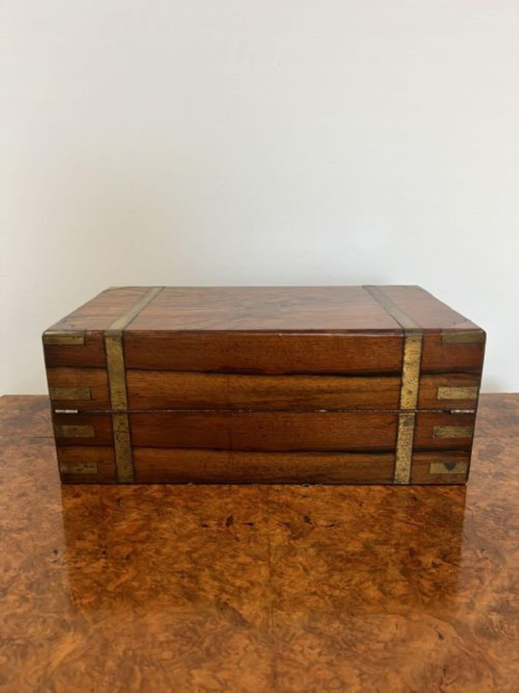 Antique Victorian quality burr walnut and brass bound writing box having a quality burr walnut writing box with brass bounds and corners opening up to reveal a writing slope with original navy leather, lifting up to reveal a storage compartment and
