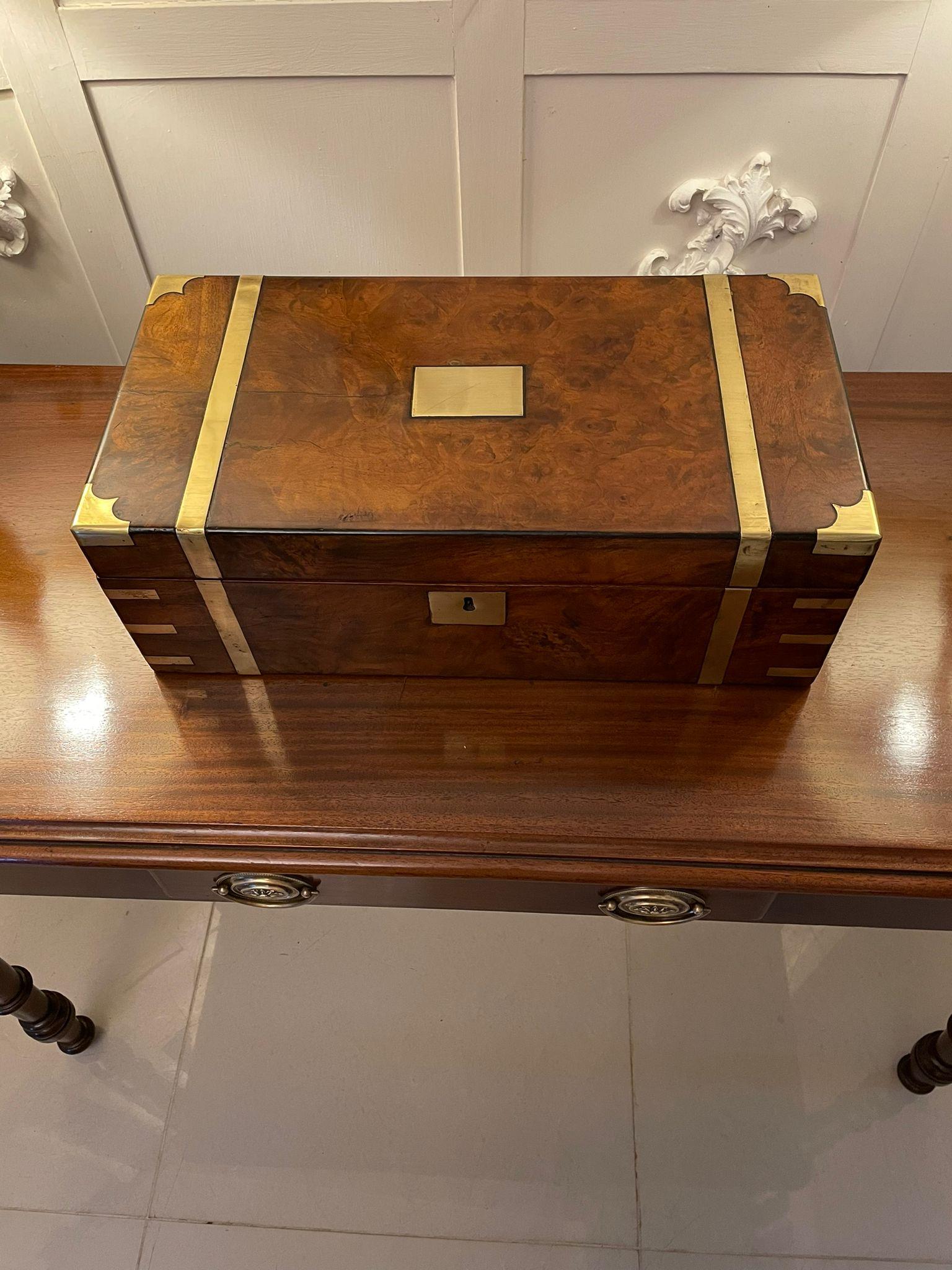 Antique Victorian Quality Burr Walnut Brass Bound Writing Box 7