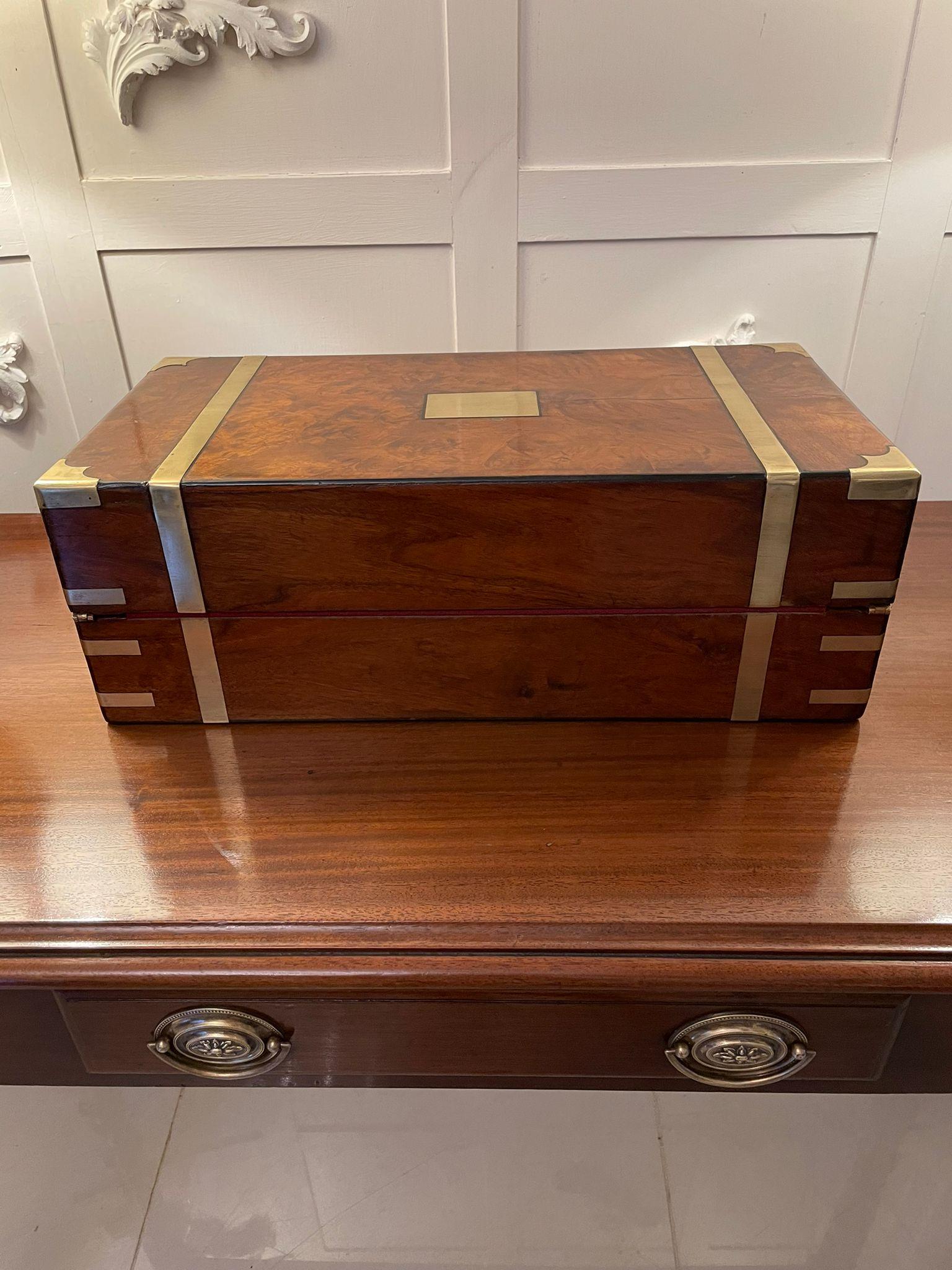 Antique Victorian Quality Burr Walnut Brass Bound Writing Box 5