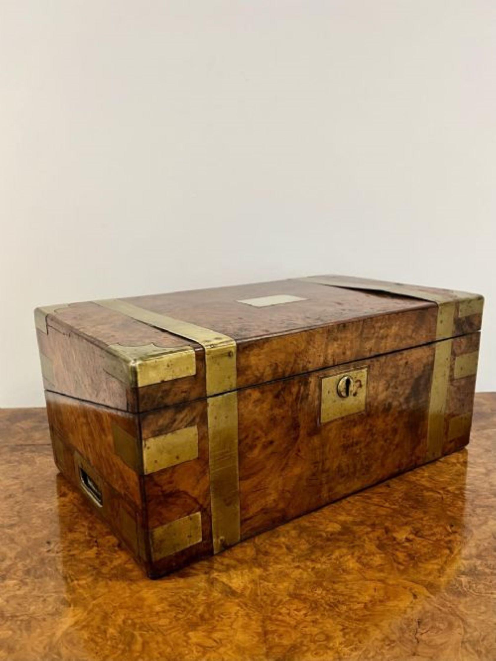 19th Century Antique Victorian quality burr walnut brass bounded writing box For Sale