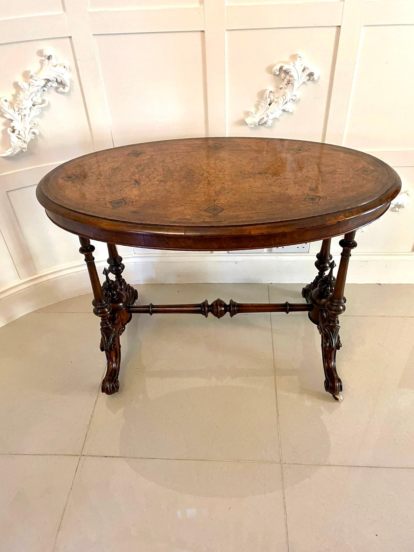 English Antique Victorian Quality Burr Walnut Inlaid Oval Centre Table
