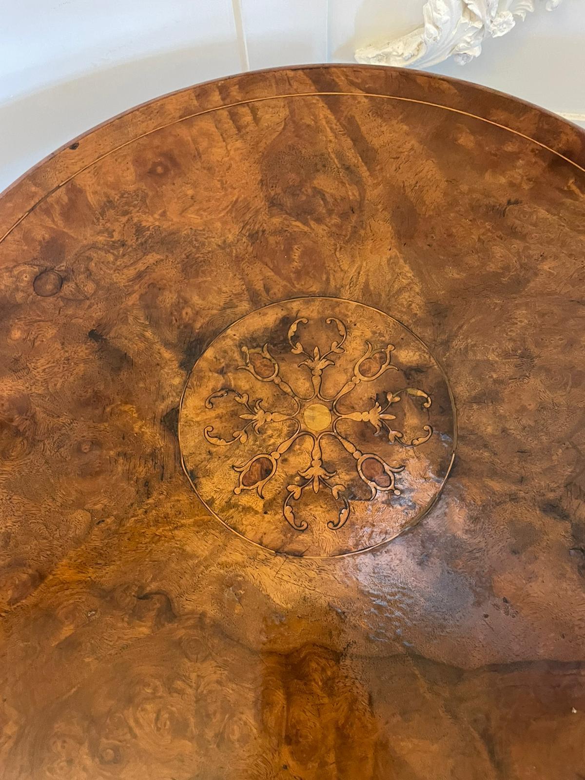 Antique Victorian quality burr walnut inlaid lamp table having a quality burr walnut inlaid circular top supported by a turned carved solid walnut column standing on shaped carved cabriole legs 


Dimensions:
Height 71 cm (27.95 in)
Width 52 cm