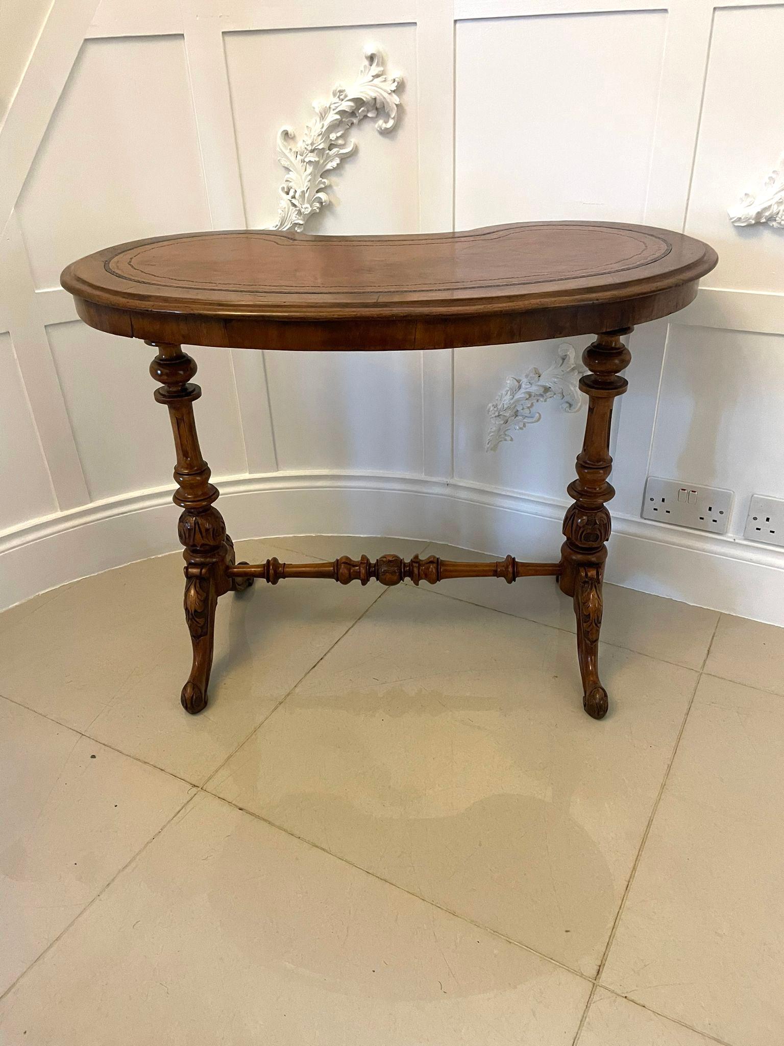 English Antique Victorian Quality Burr Walnut Kidney Shaped Writing Table For Sale