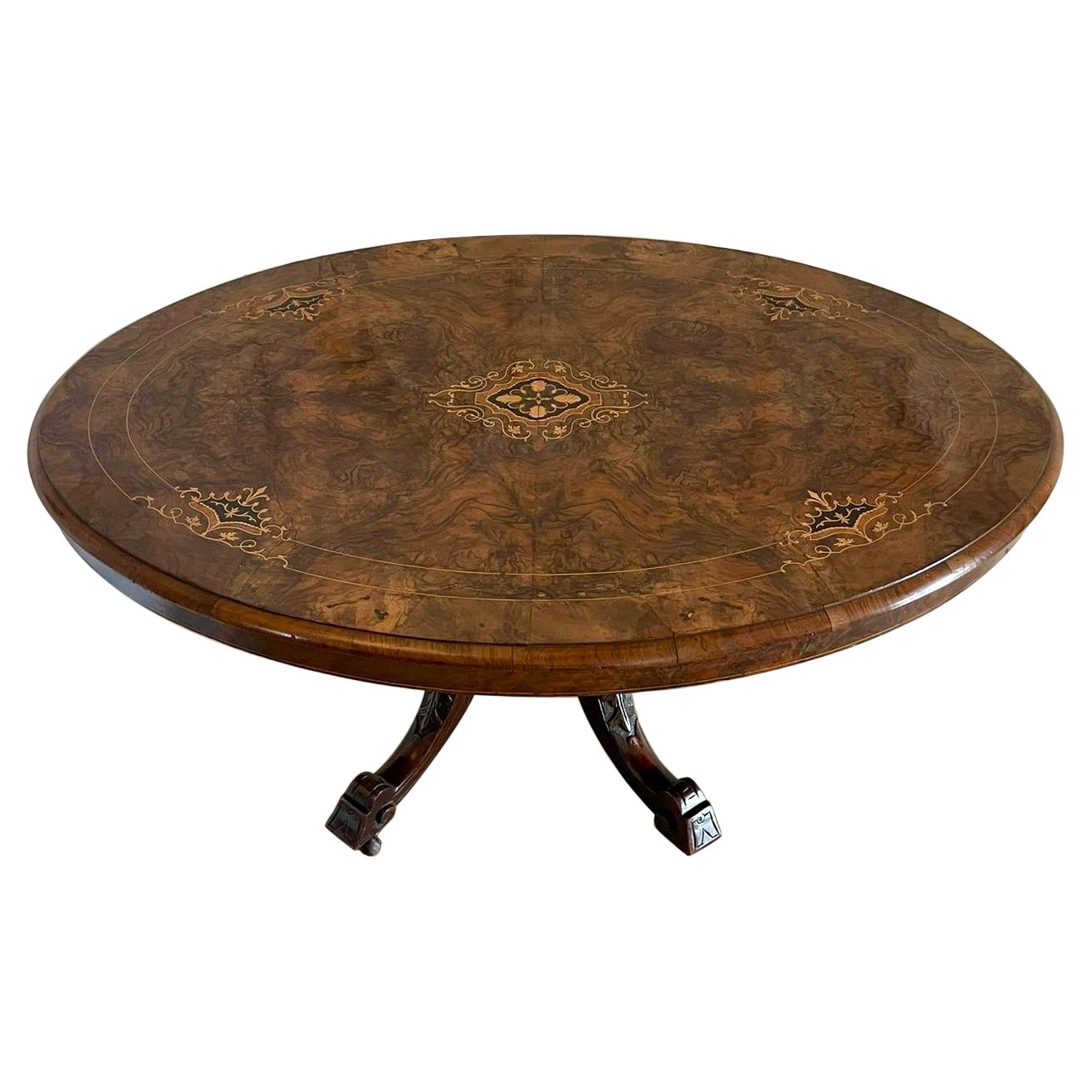 Antique Victorian Quality Burr Walnut Marquetry Inlaid Oval Coffee Table