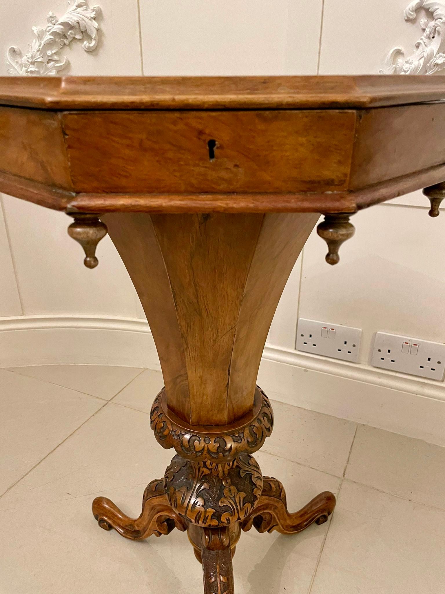 Antique Victorian Quality Burr Walnut Trumpet Work Table For Sale 1