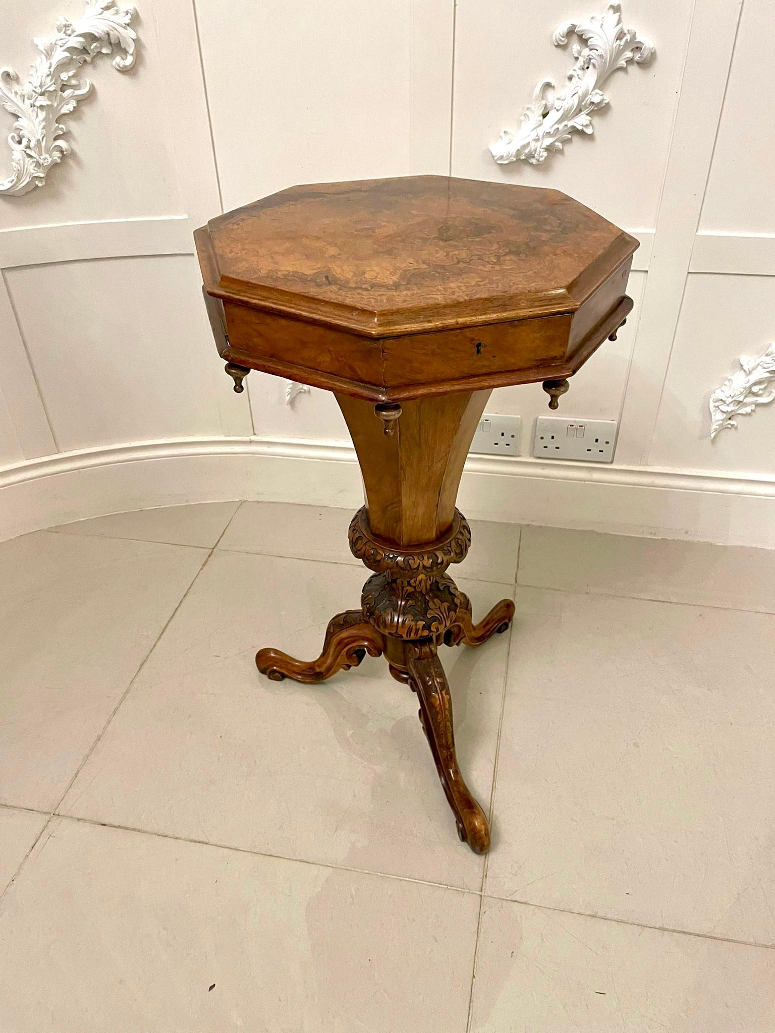 Antique Victorian Quality Burr Walnut Trumpet Work Table For Sale 2