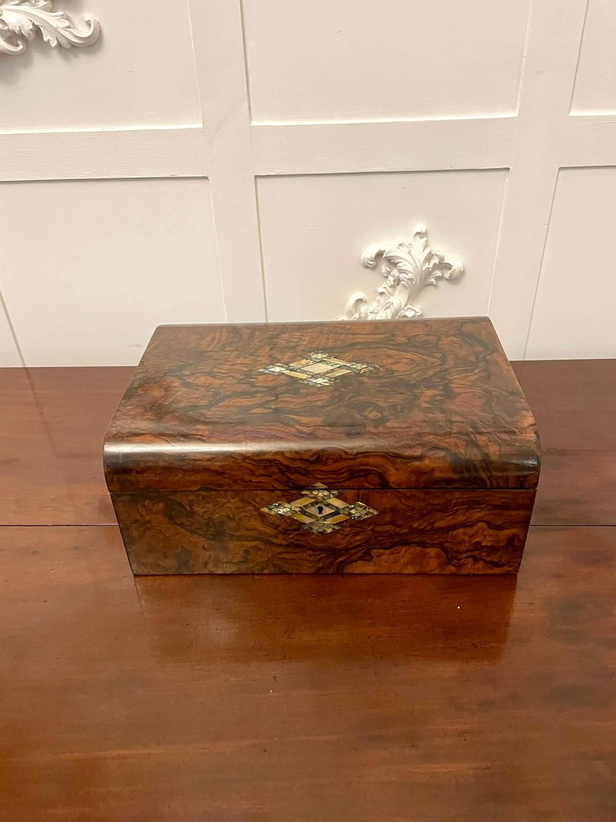 Antique Victorian quality burr walnut writing box opening to reveal a writing surface, original pair of glass inkwells, pen tray and secret drawers 

A superb example in wonderful original condition 

H 15 x W 35.2 x D 24.5cm
Date 1850
