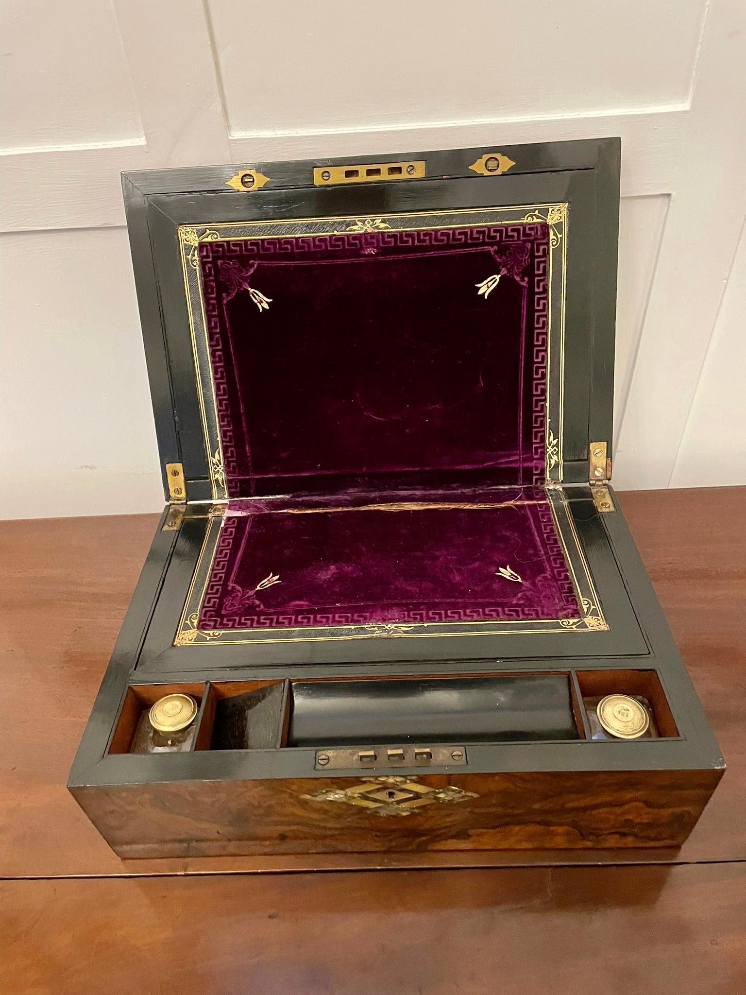 Inlay Antique Victorian Quality Burr Walnut Writing Box 