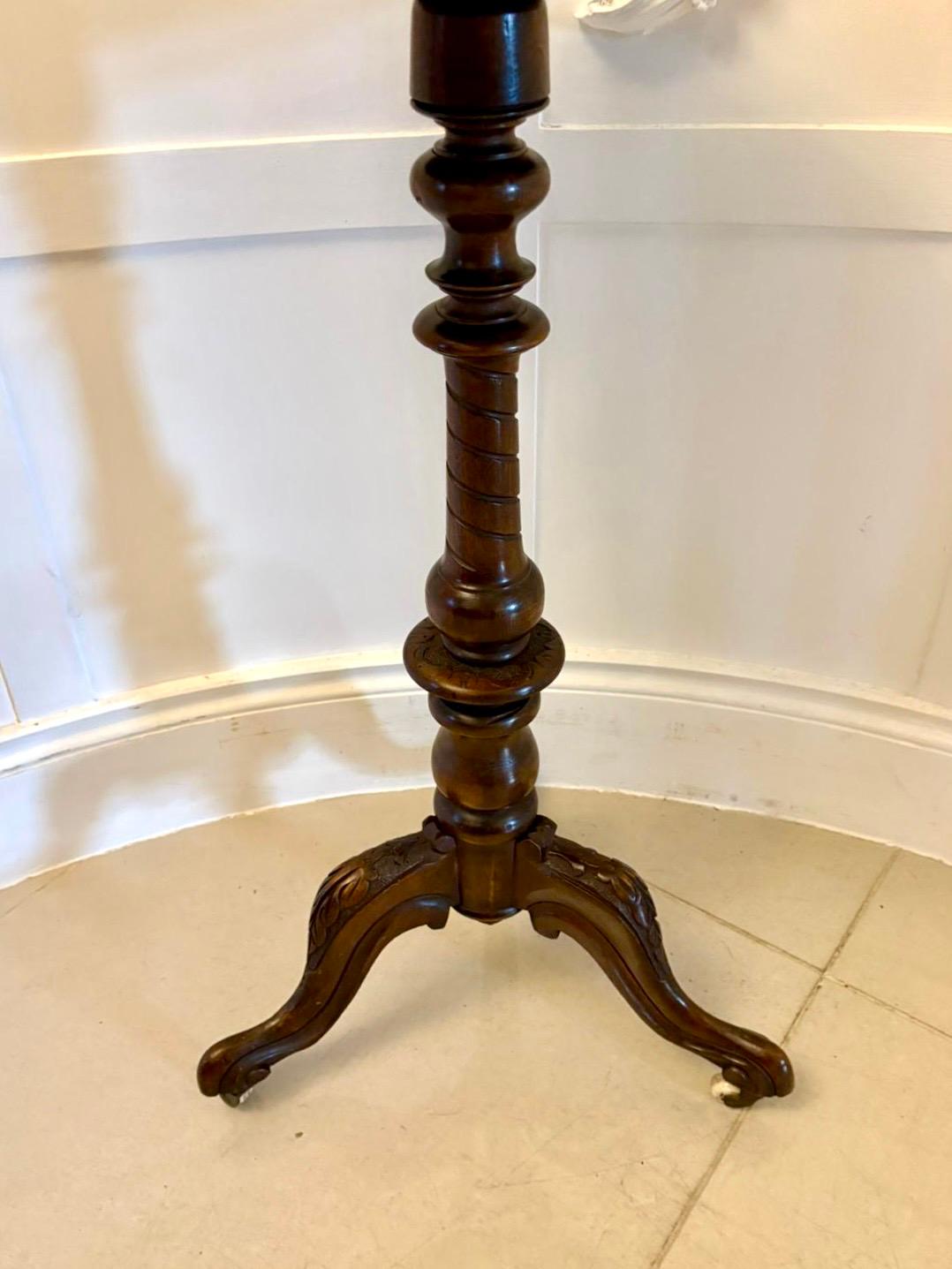 English Antique Victorian Quality Carved Burr Walnut Circular Lamp Table For Sale