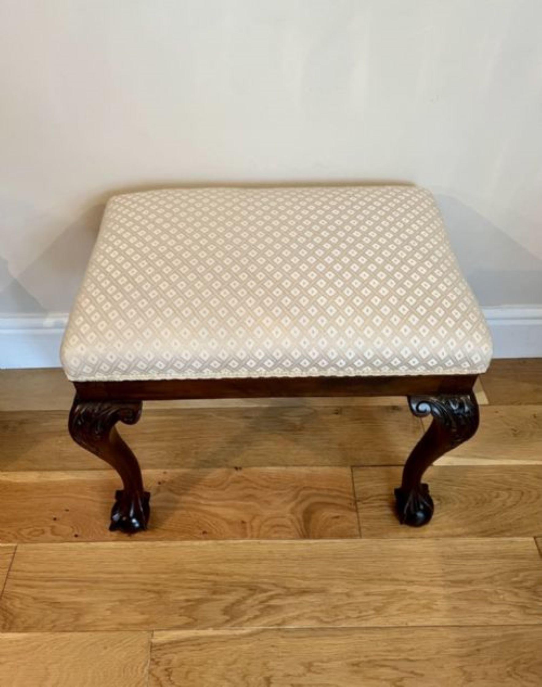 Antique Victorian quality carved mahogany stool having a newly reupholstered seat in a quality fabric above a mahogany frieze standing on shaped carved mahogany cabriole legs with claw and ball feet 