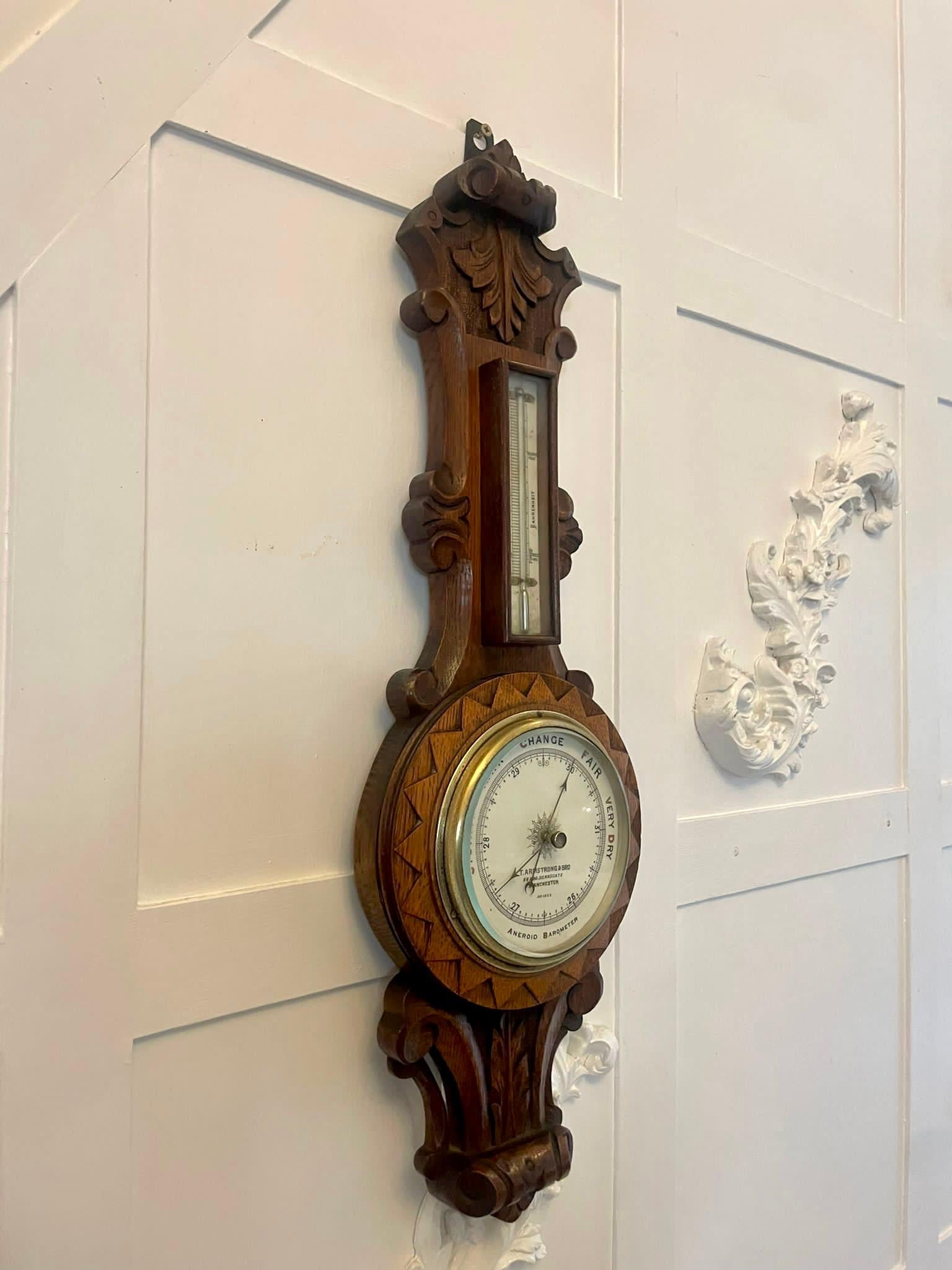 English Antique Victorian Quality Carved Oak Aneroid Banjo Barometer 