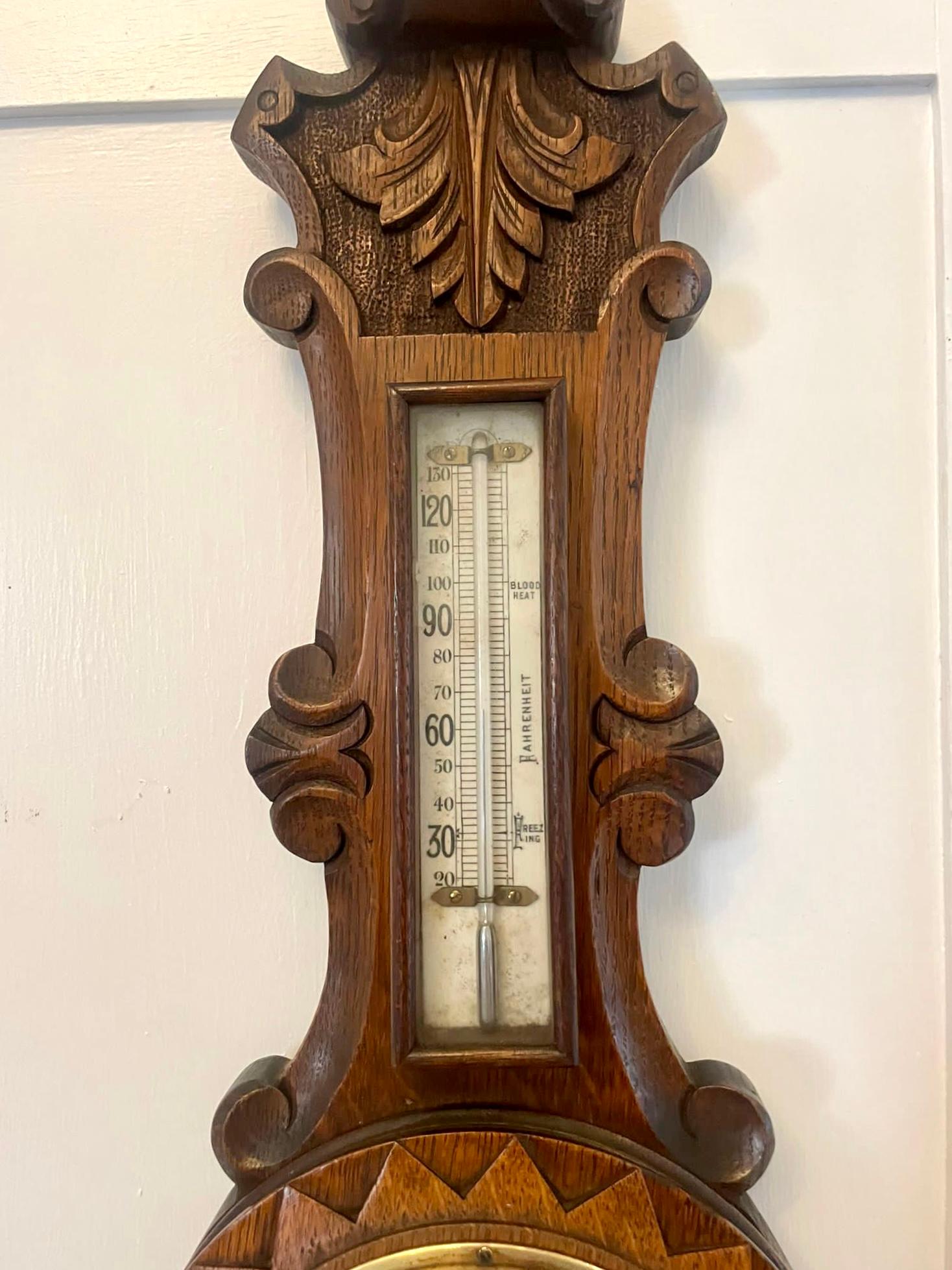 Antique Victorian Quality Carved Oak Aneroid Banjo Barometer  1