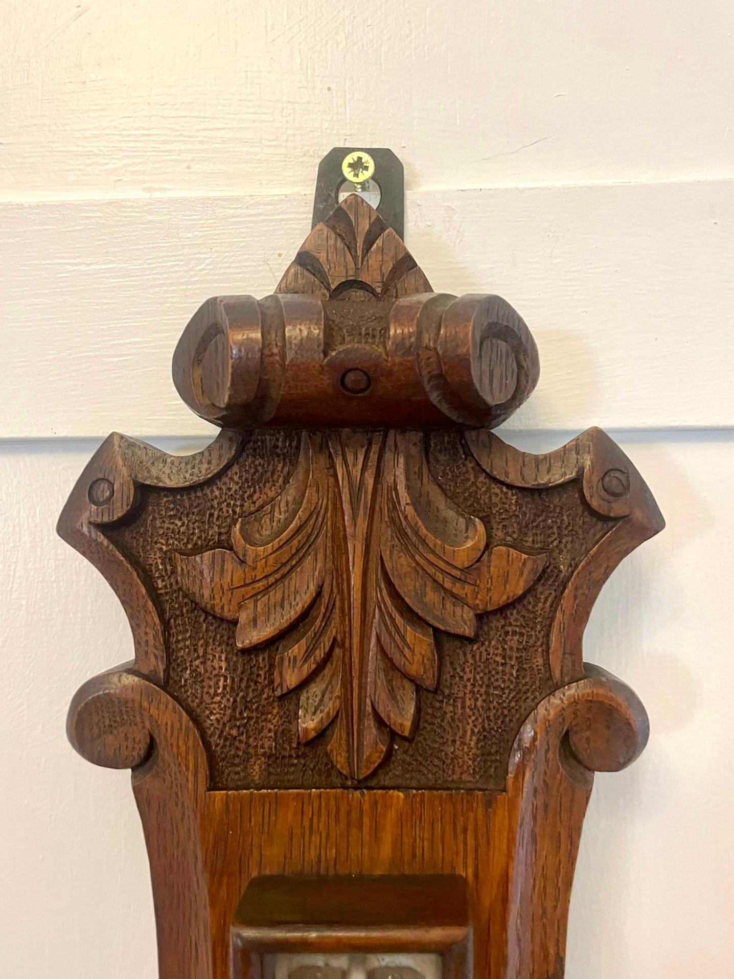 Antique Victorian Quality Carved Oak Aneroid Banjo Barometer  2