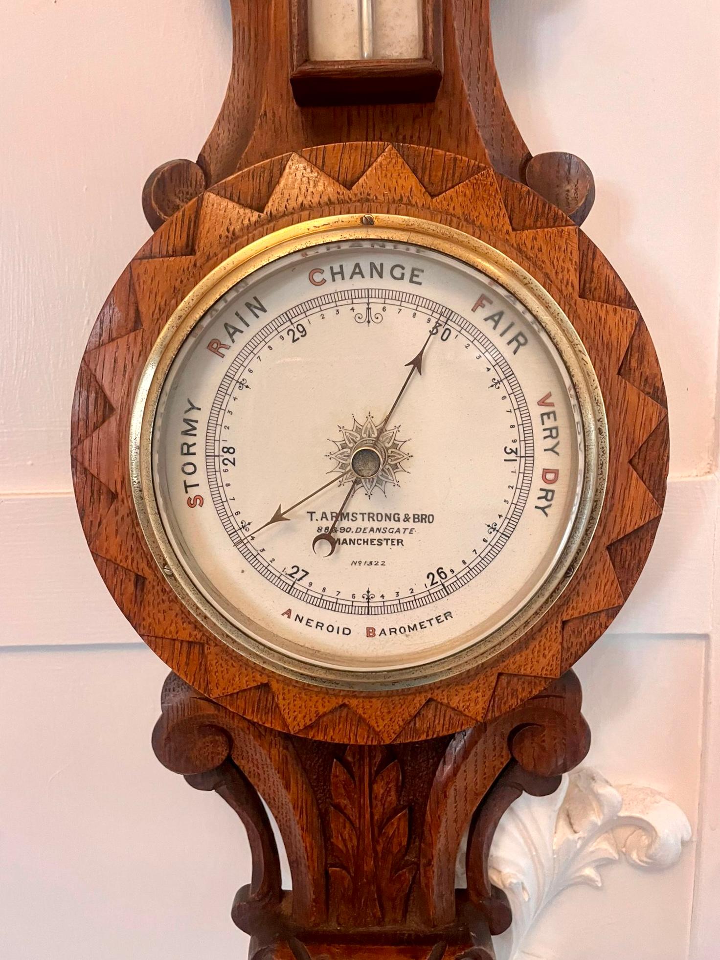 Antique Victorian Quality Carved Oak Aneroid Banjo Barometer  4
