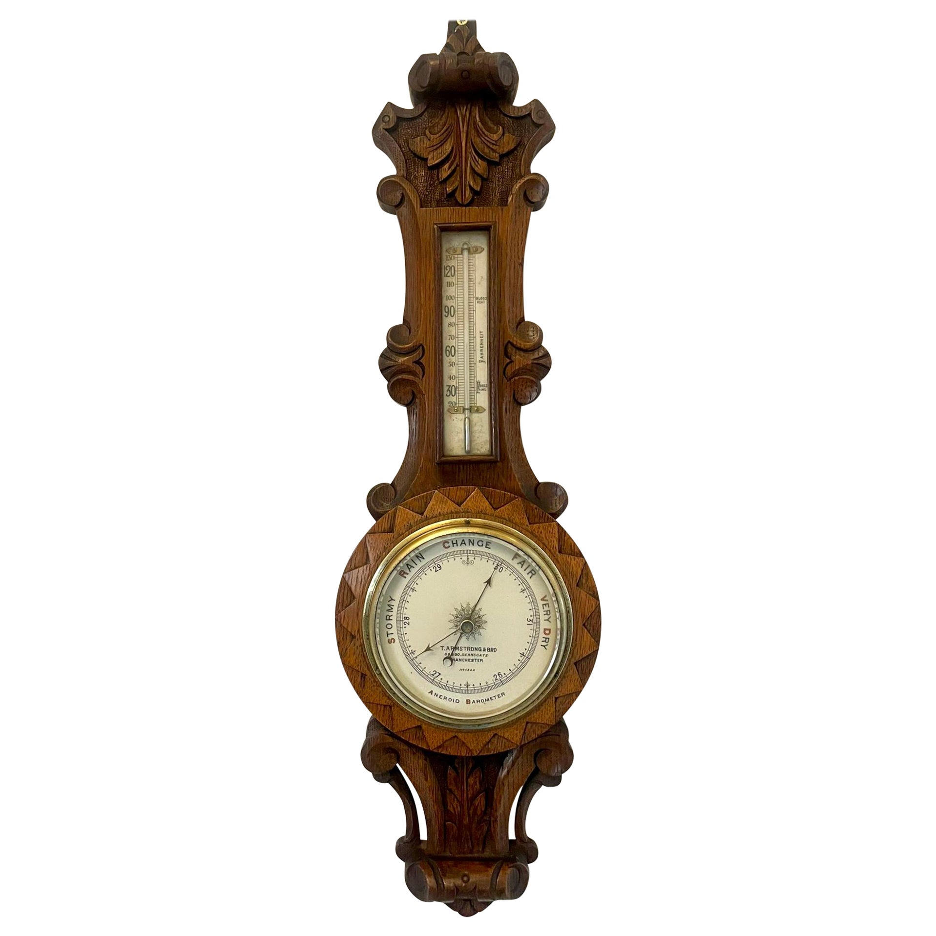 Antique Victorian Quality Carved Oak Aneroid Banjo Barometer