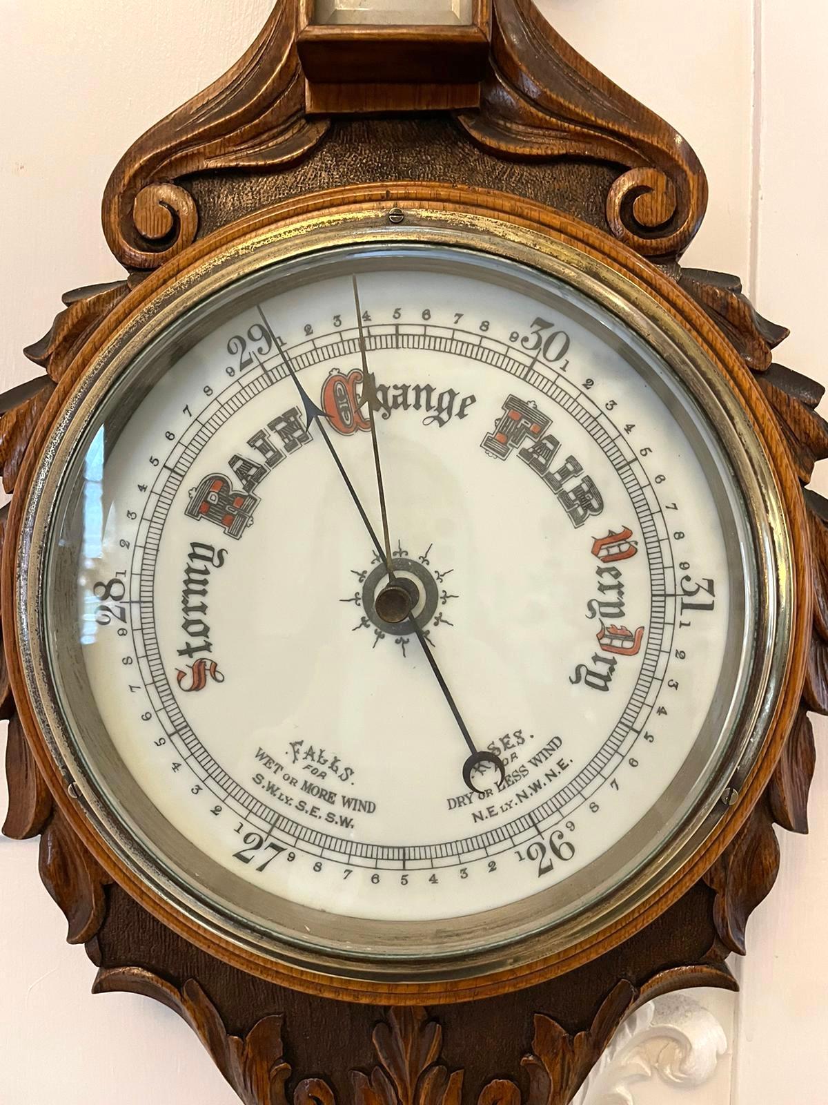 Antique Victorian Quality Carved Oak Banjo Barometer For Sale 1