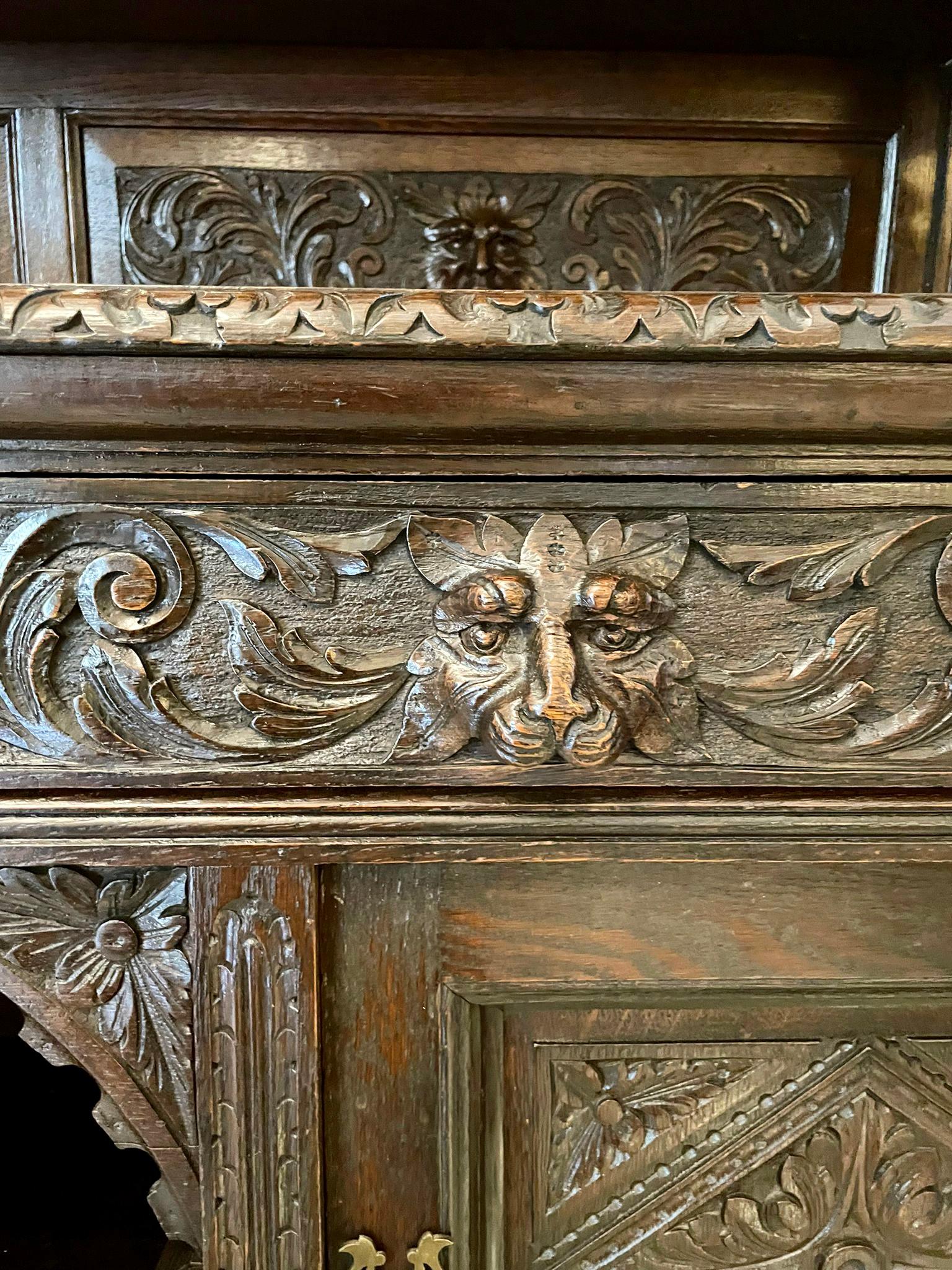European Antique Victorian Quality Carved Oak Mirror Back Sideboard