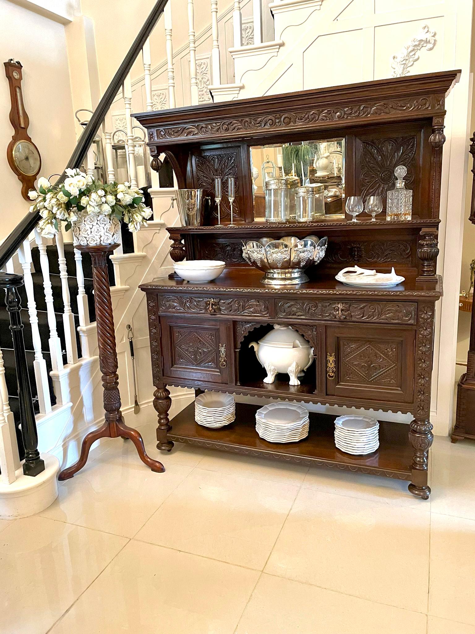 Antique Victorian Quality Carved Oak Mirror Back Sideboard In Good Condition In Suffolk, GB