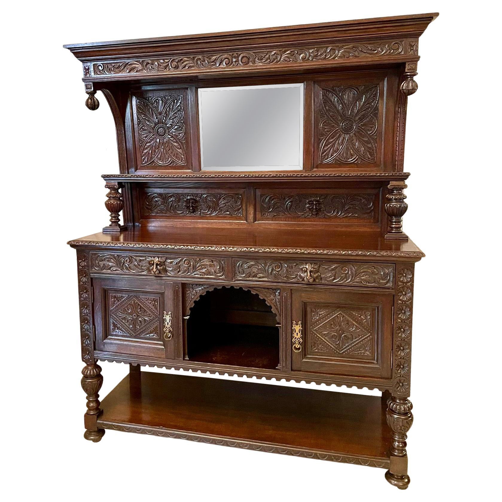 Antique Victorian Quality Carved Oak Mirror Back Sideboard