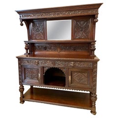 Antique Victorian Quality Carved Oak Mirror Back Sideboard
