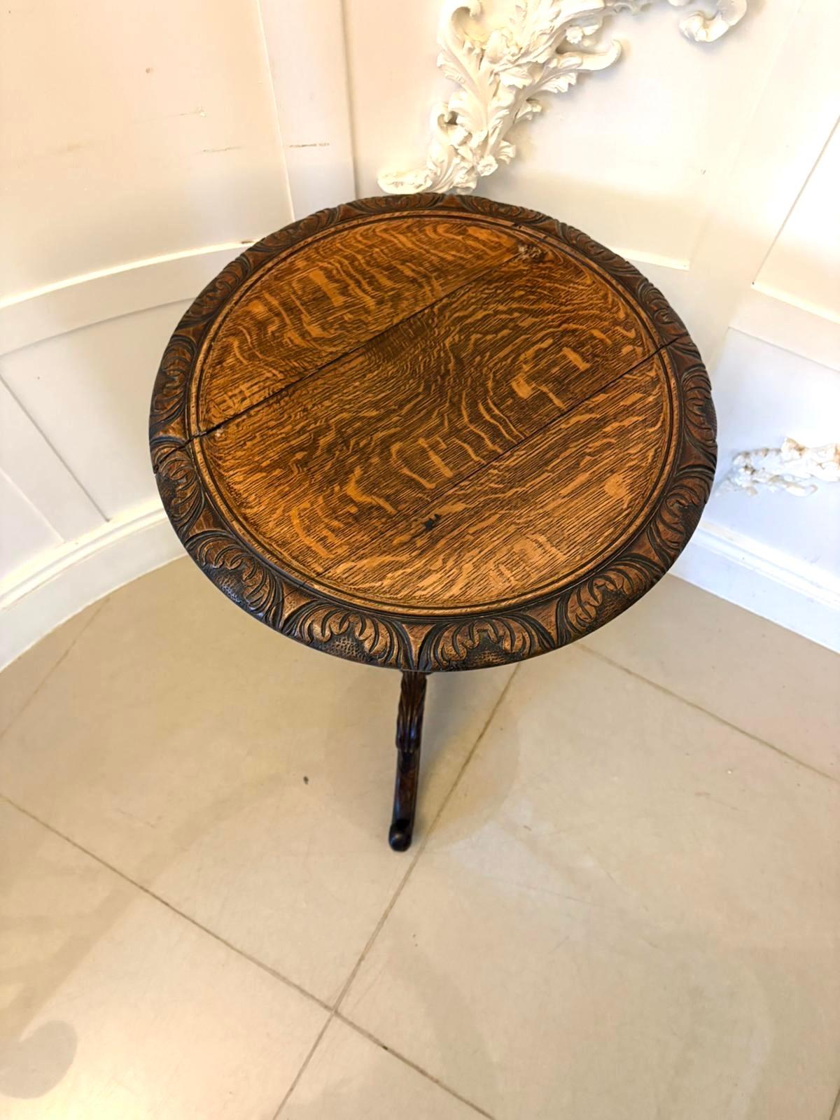 Antique Victorian Quality Carved Oak Tripod / Lamp Table For Sale 3