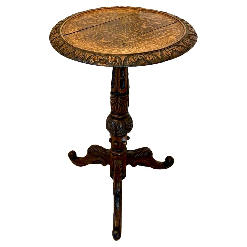 Antique Victorian Quality Carved Oak Tripod / Lamp Table