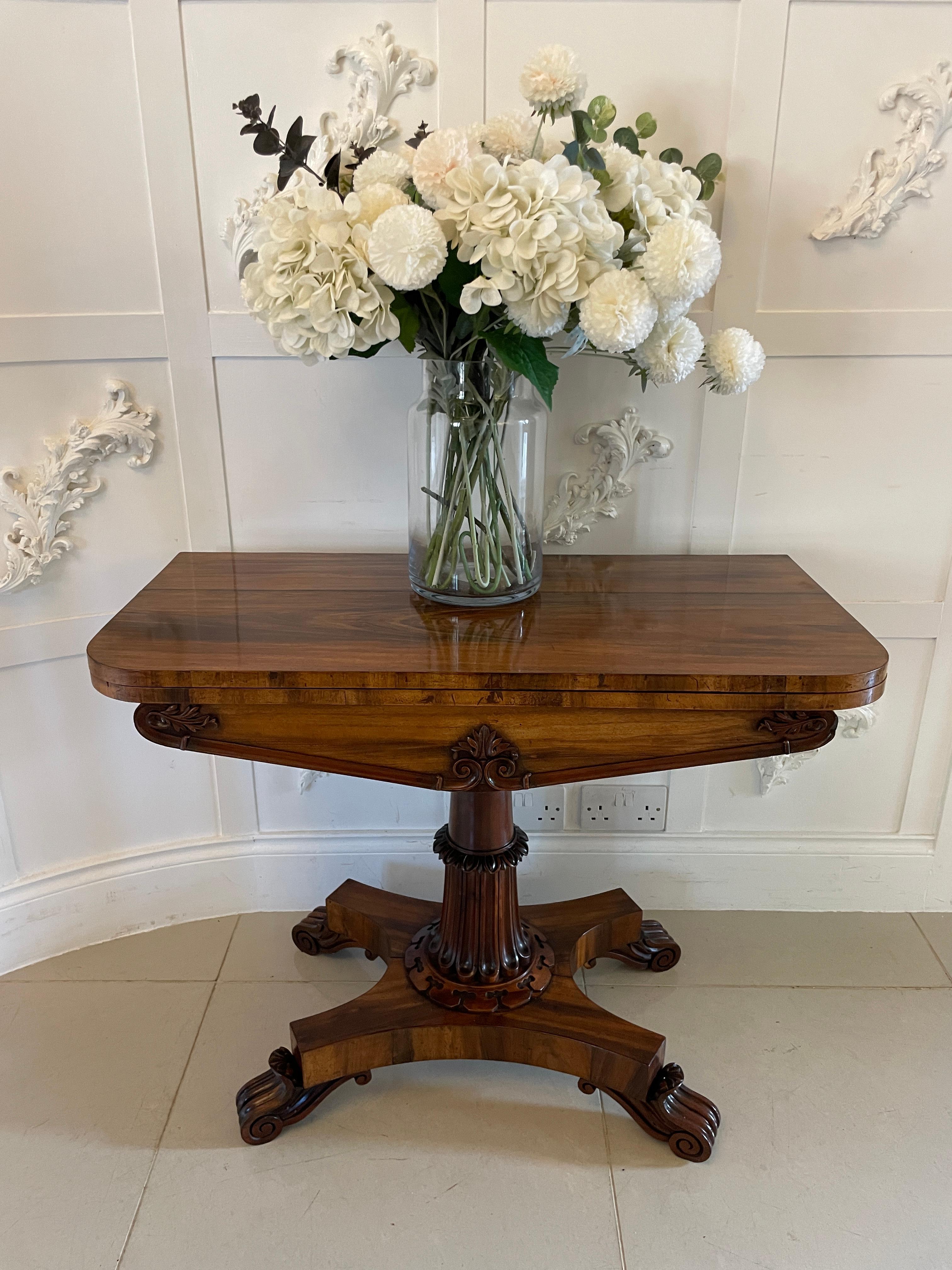 Antique Victorian quality carved rosewood card/console table having a quality rosewood swivel  top opening to reveal the original baize interior carved rosewood frieze supported by solid carved rosewood pedestal column standing on a platform base