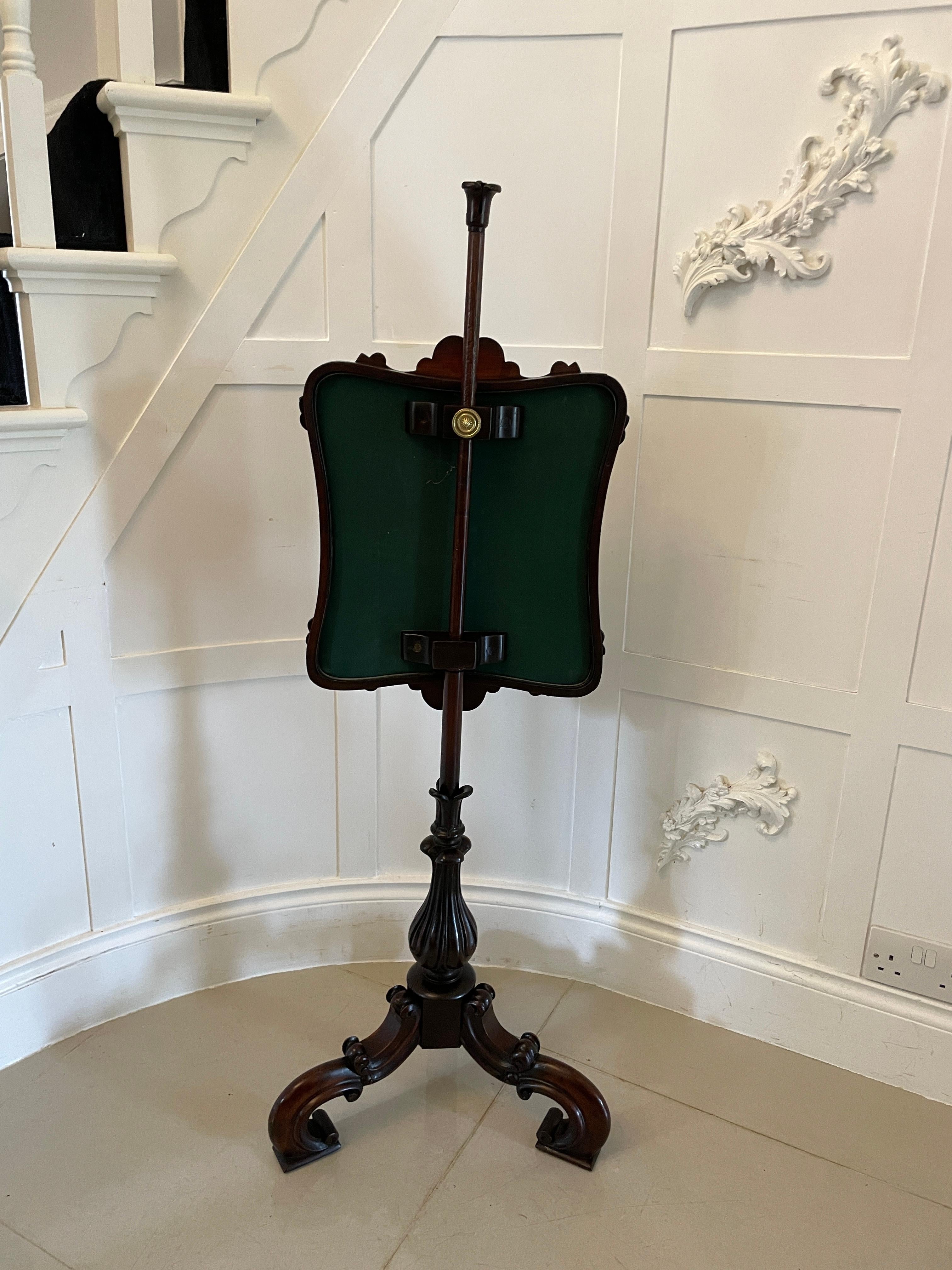 Antique Victorian quality carved rosewood pole screen having the original tapestry in a quality carved rosewood frame above a carved solid rosewood pedestal column standing on three carved rosewood shaped cabriole legs

Dimensions:
Height 122 cm