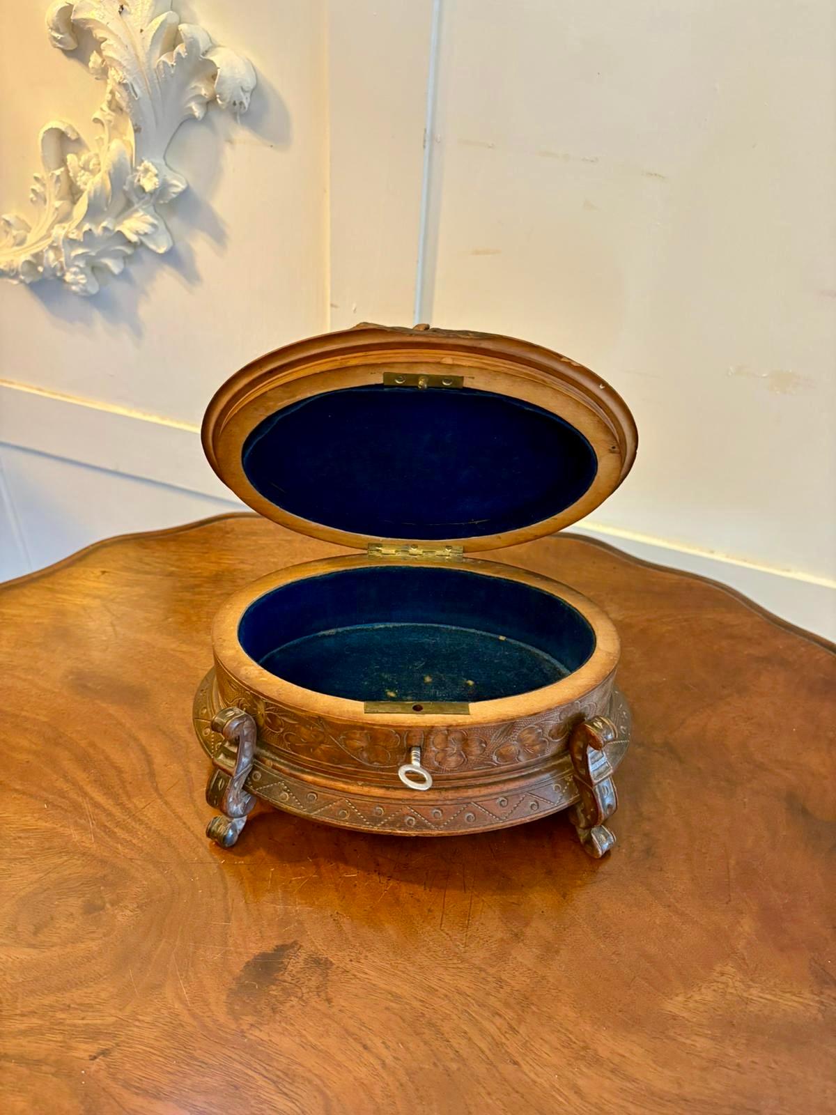 19th Century Antique Victorian Quality Carved Walnut Oval Black Forest Jewellery Box For Sale