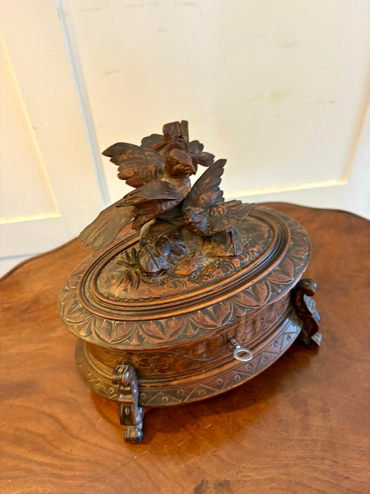Antique Victorian Quality Carved Walnut Oval Black Forest Jewellery Box For Sale 2