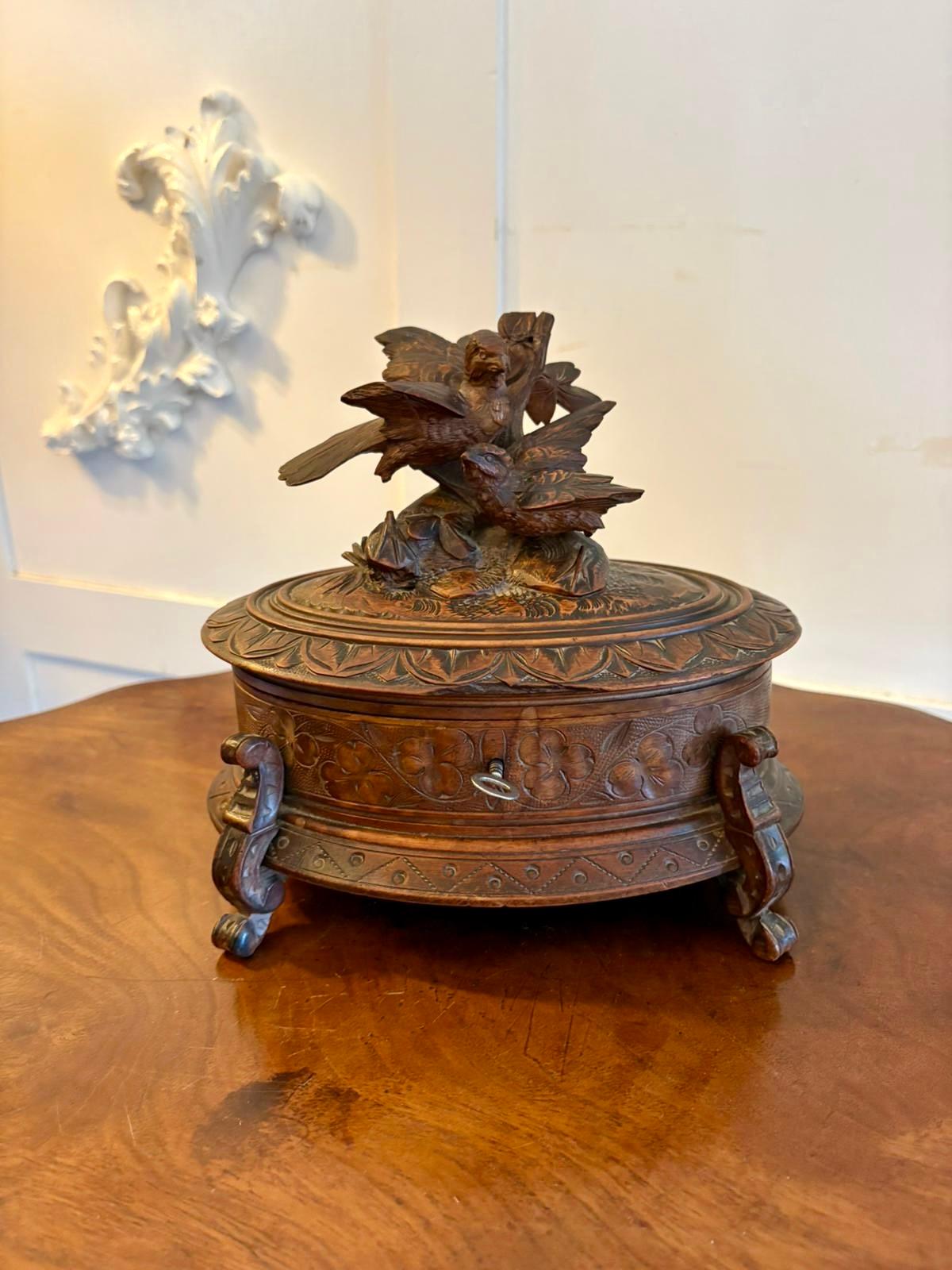 Antique Victorian Quality Carved Walnut Oval Black Forest Jewellery Box For Sale 3