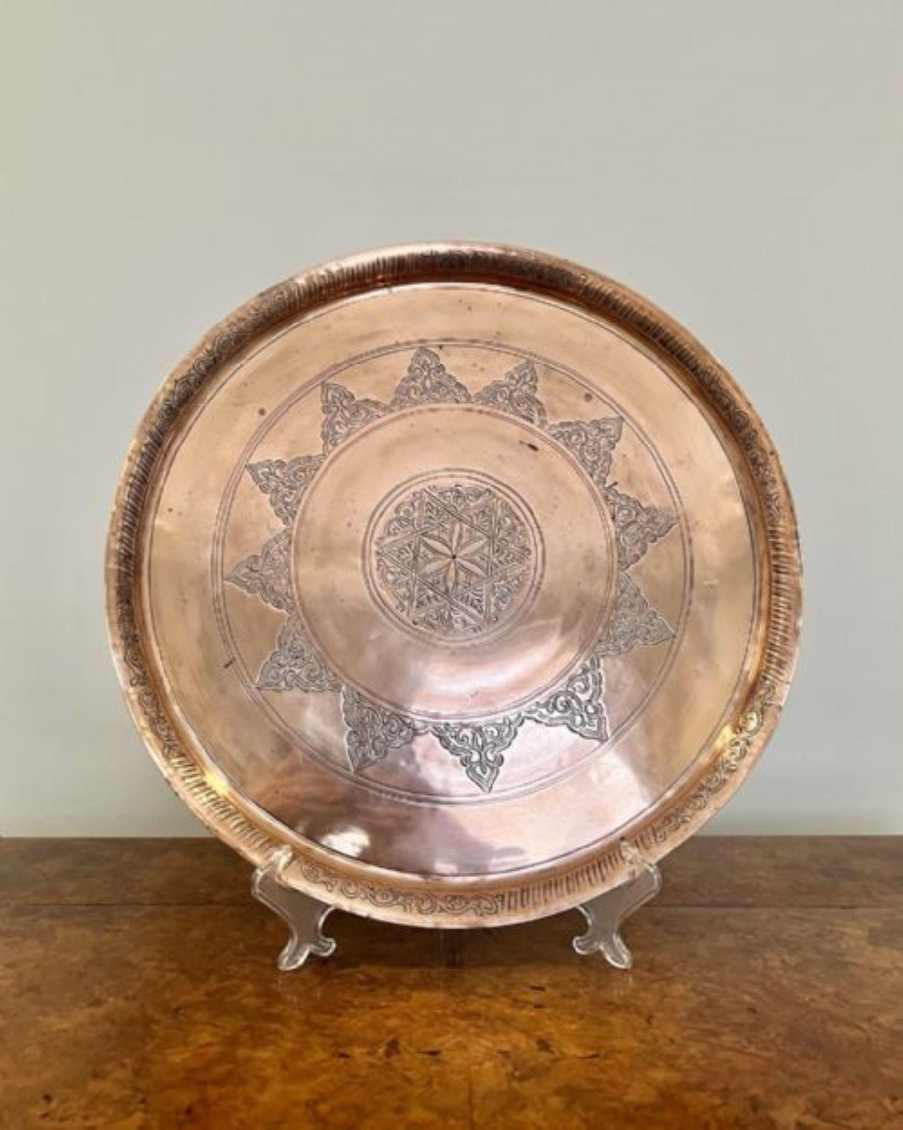 19th Century Antique Victorian quality circular cairoware copper and mixed metal tray For Sale
