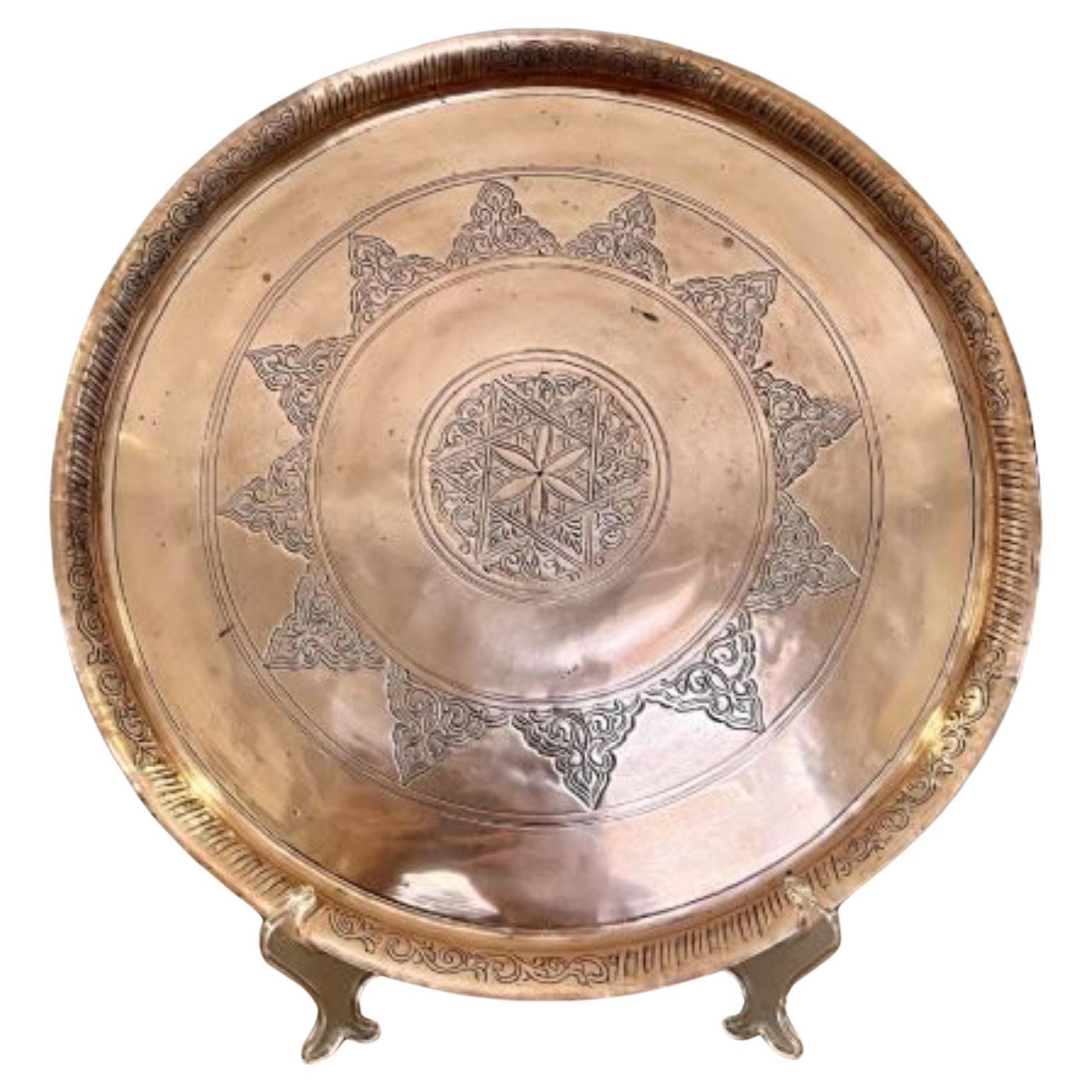Antique Victorian quality circular cairoware copper and mixed metal tray For Sale