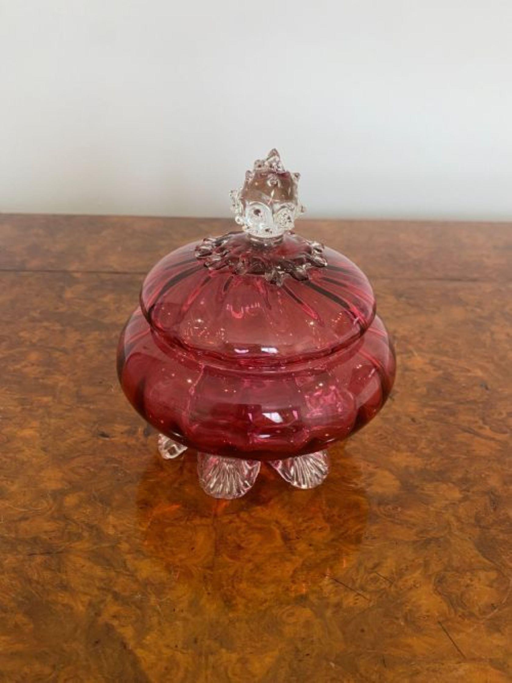 Antique Victorian quality cranberry glass lidded bowl having a quality ornate cranberry glass lift off lid on a cranberry glass bowl with ornate glass feet