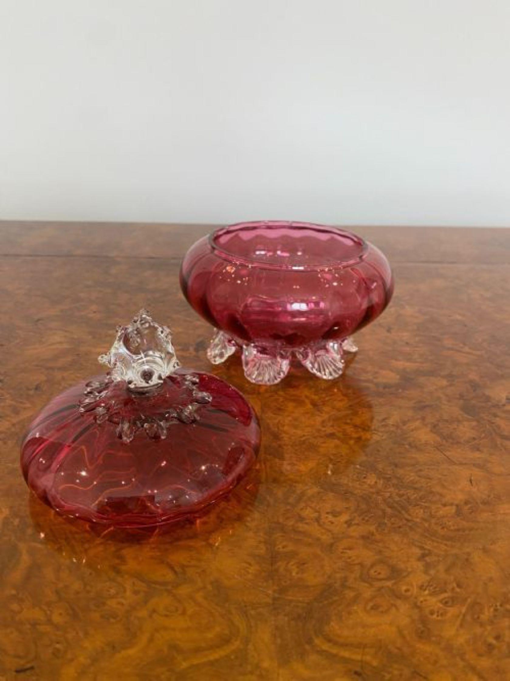 Antique Victorian Quality Cranberry Glass Lidded Bowl In Good Condition For Sale In Ipswich, GB