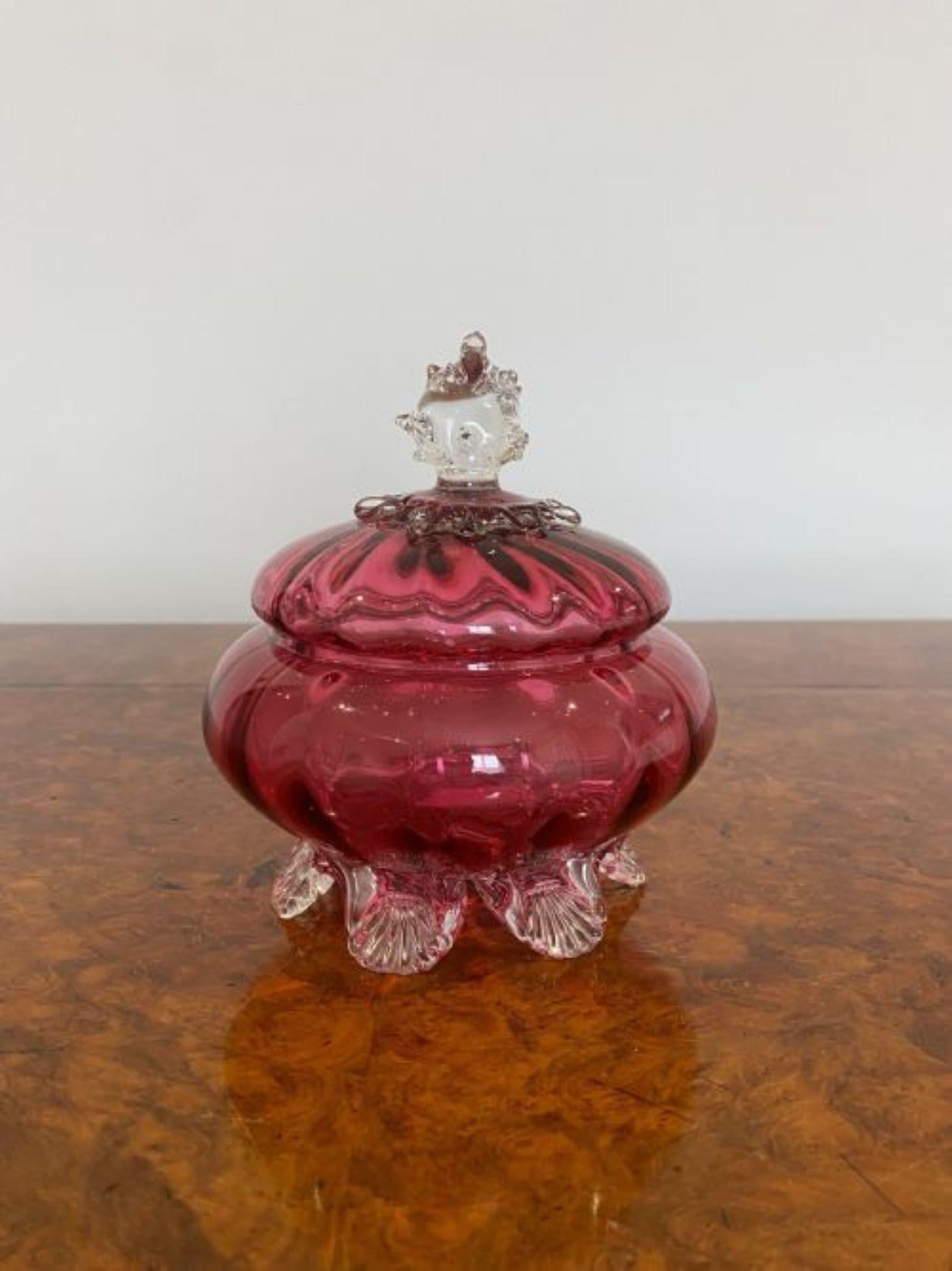 Antique Victorian Quality Cranberry Glass Lidded Bowl In Good Condition For Sale In Ipswich, GB