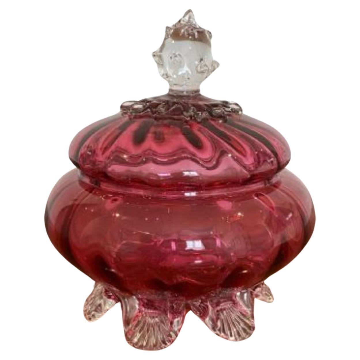 Antique Victorian Quality Cranberry Glass Lidded Bowl For Sale