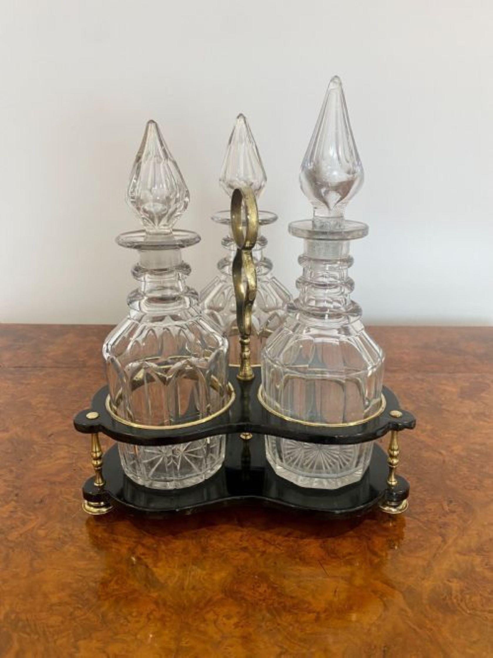 19th Century Antique Victorian quality decanter stand with three original cut glass decanters For Sale