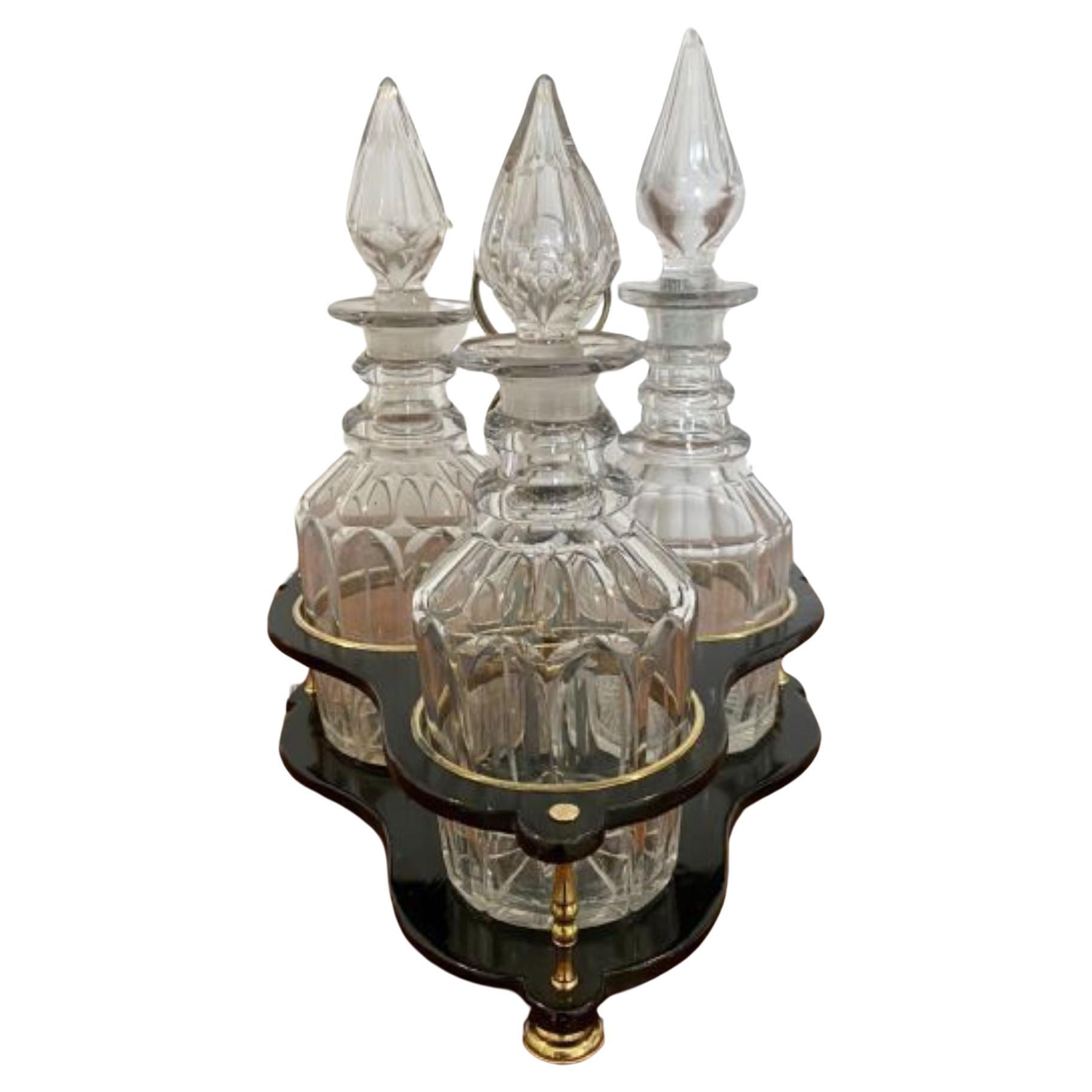 Antique Victorian quality decanter stand with three original cut glass decanters For Sale