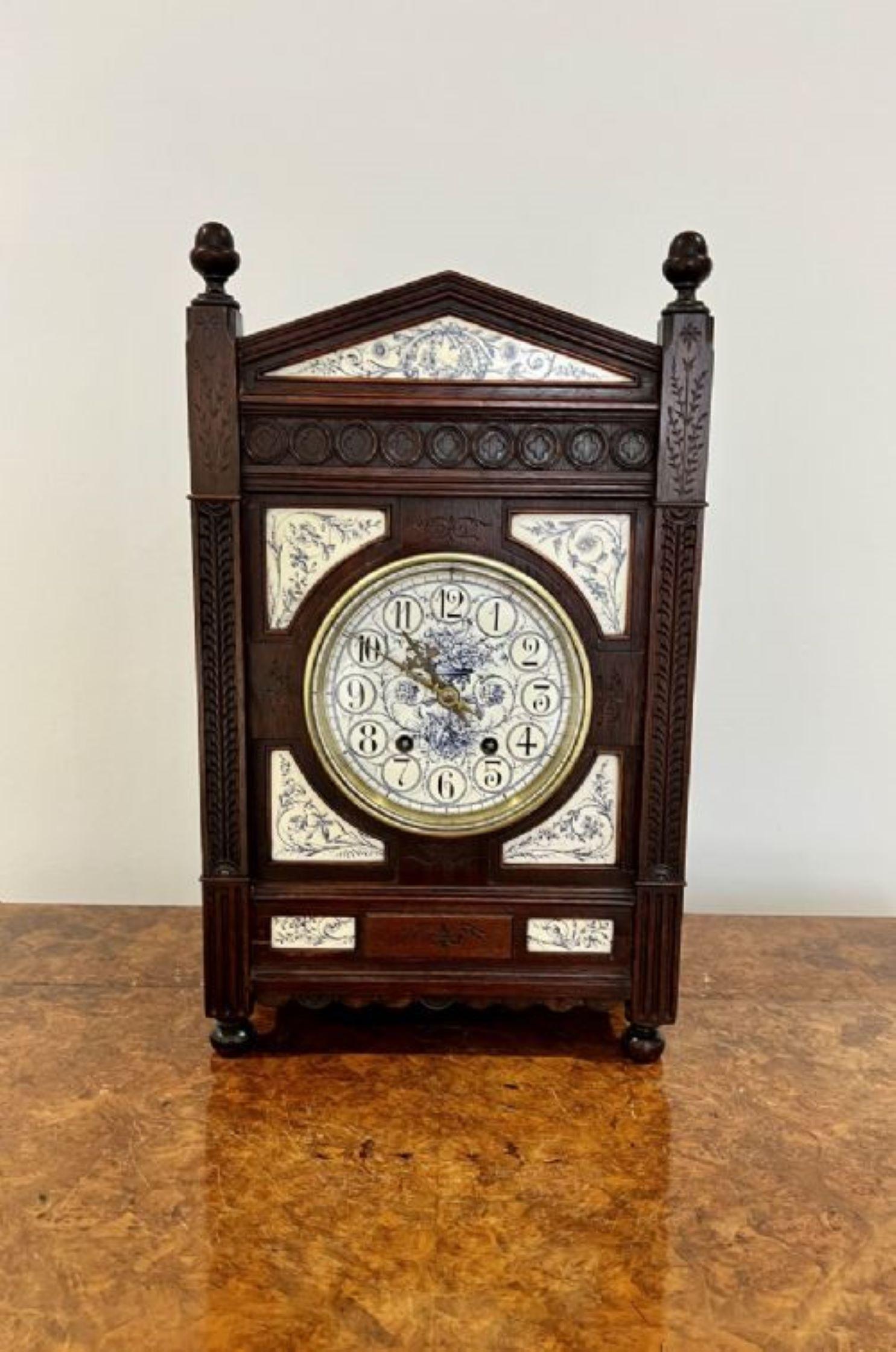 Antique Victorian quality ebonies aesthetic movement mantle clock having a quality painted dial and spandrels decorated with flowers and leaves in wonderful blue and white colours with an 8 day movement 
Please note all of our clocks are serviced
