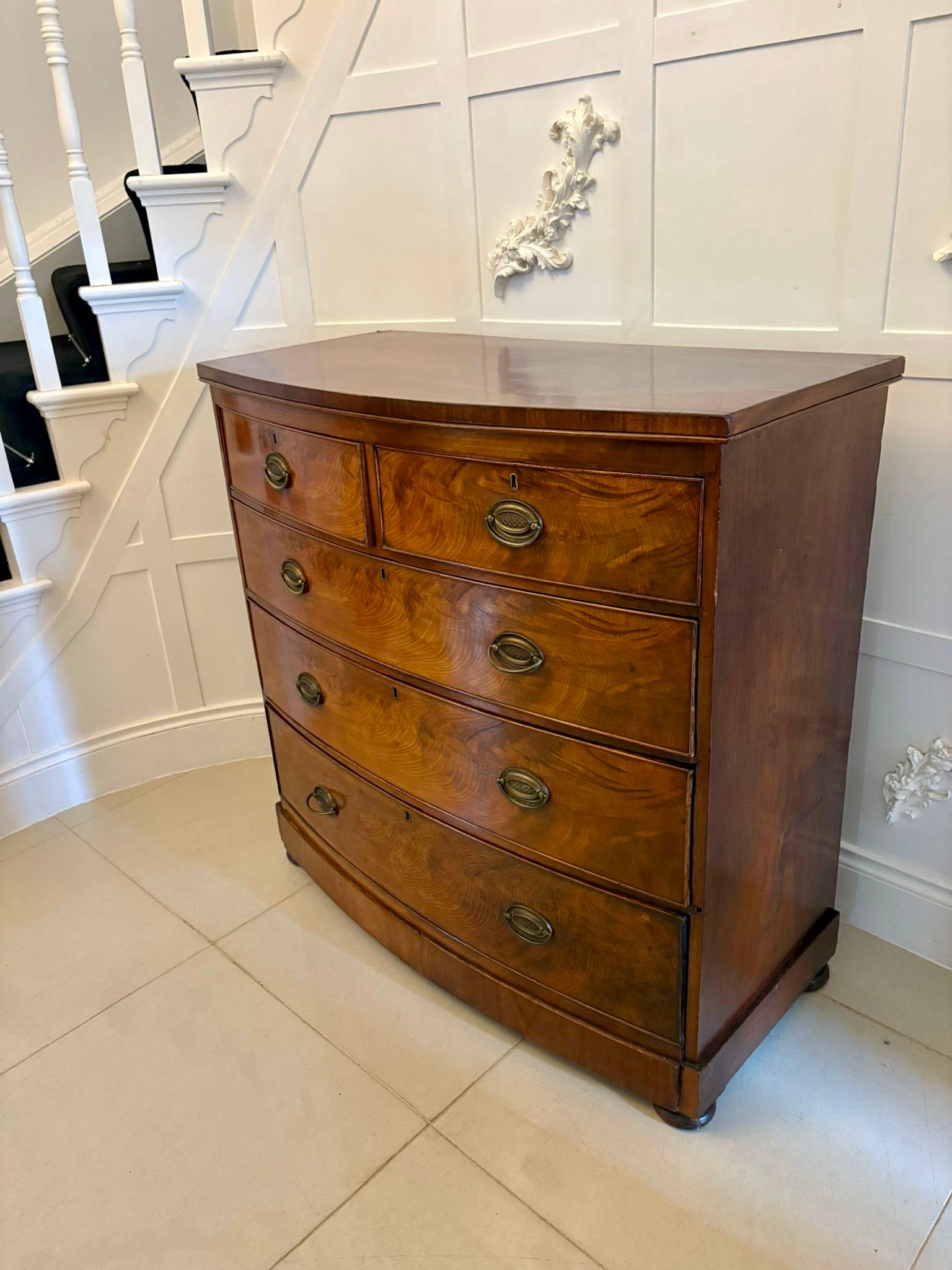 Antique Victorian Quality Figured Mahogany Bow Fronted Chest of 5 Drawers For Sale 4