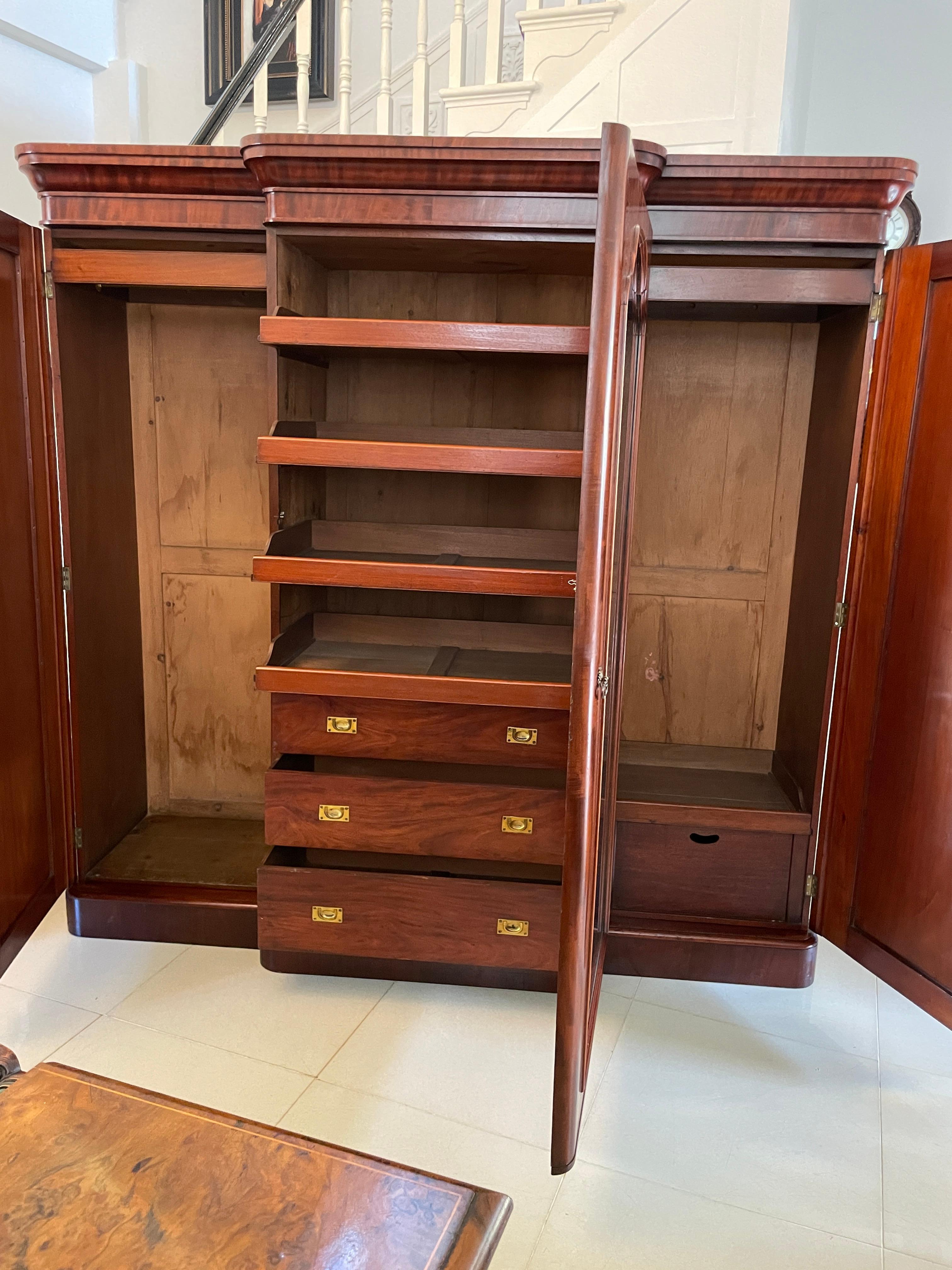 English Antique Victorian Quality Figured Mahogany Breakfront Wardrobe