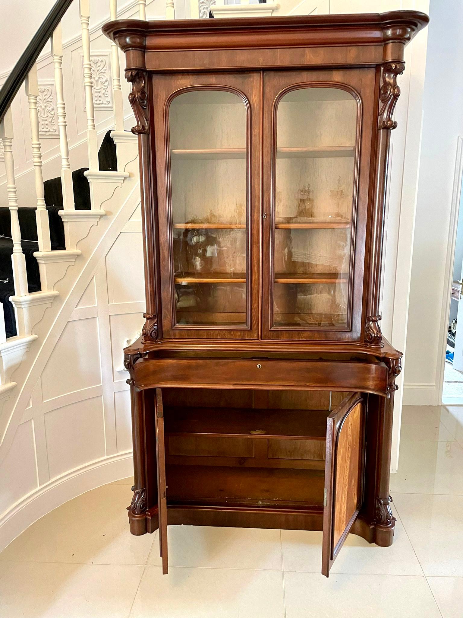 English Antique Victorian Quality Figured Mahogany Library Bookcase  For Sale