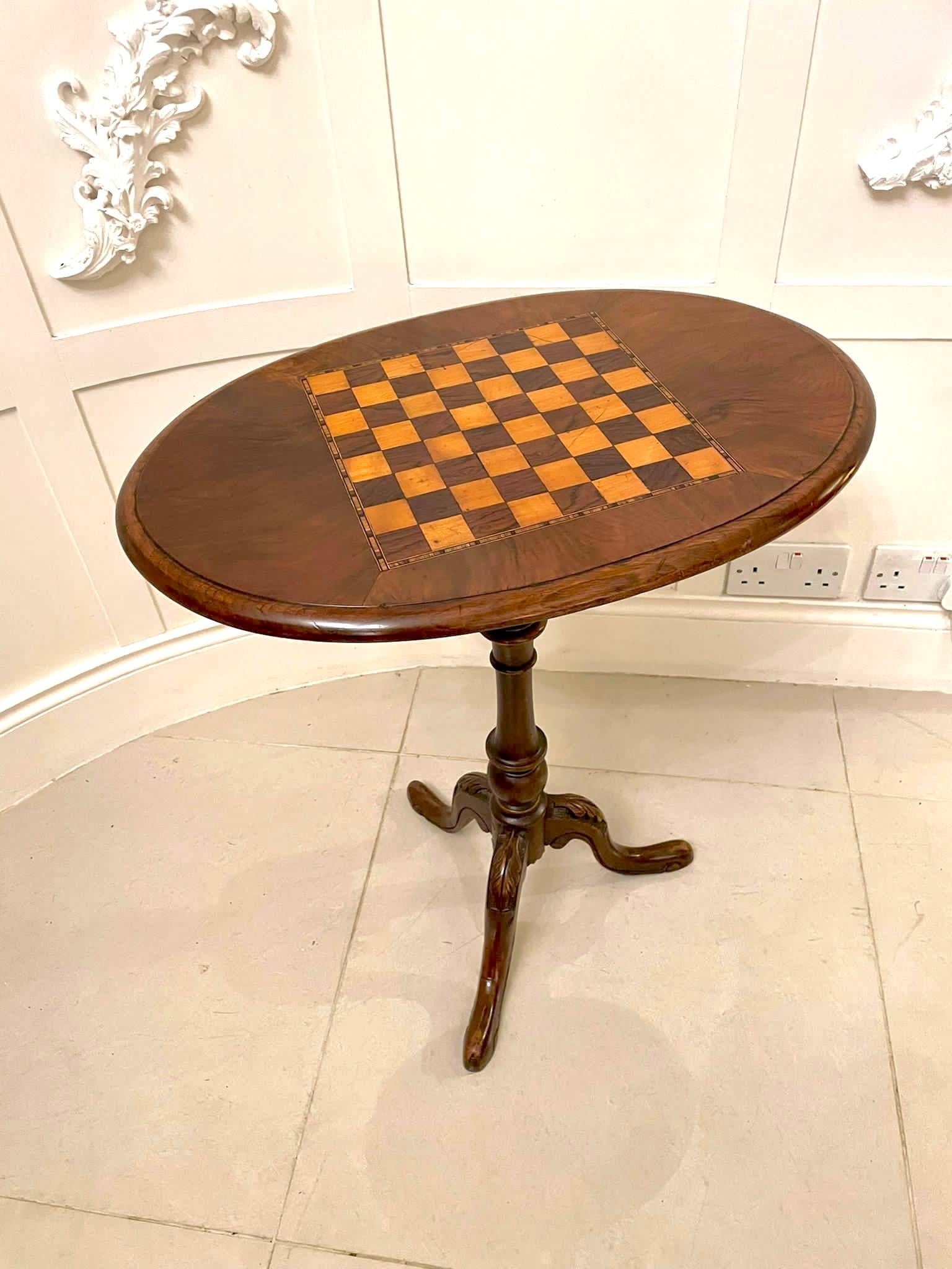 English Antique Victorian Quality Figured Walnut Oval Shaped Chess Top Table