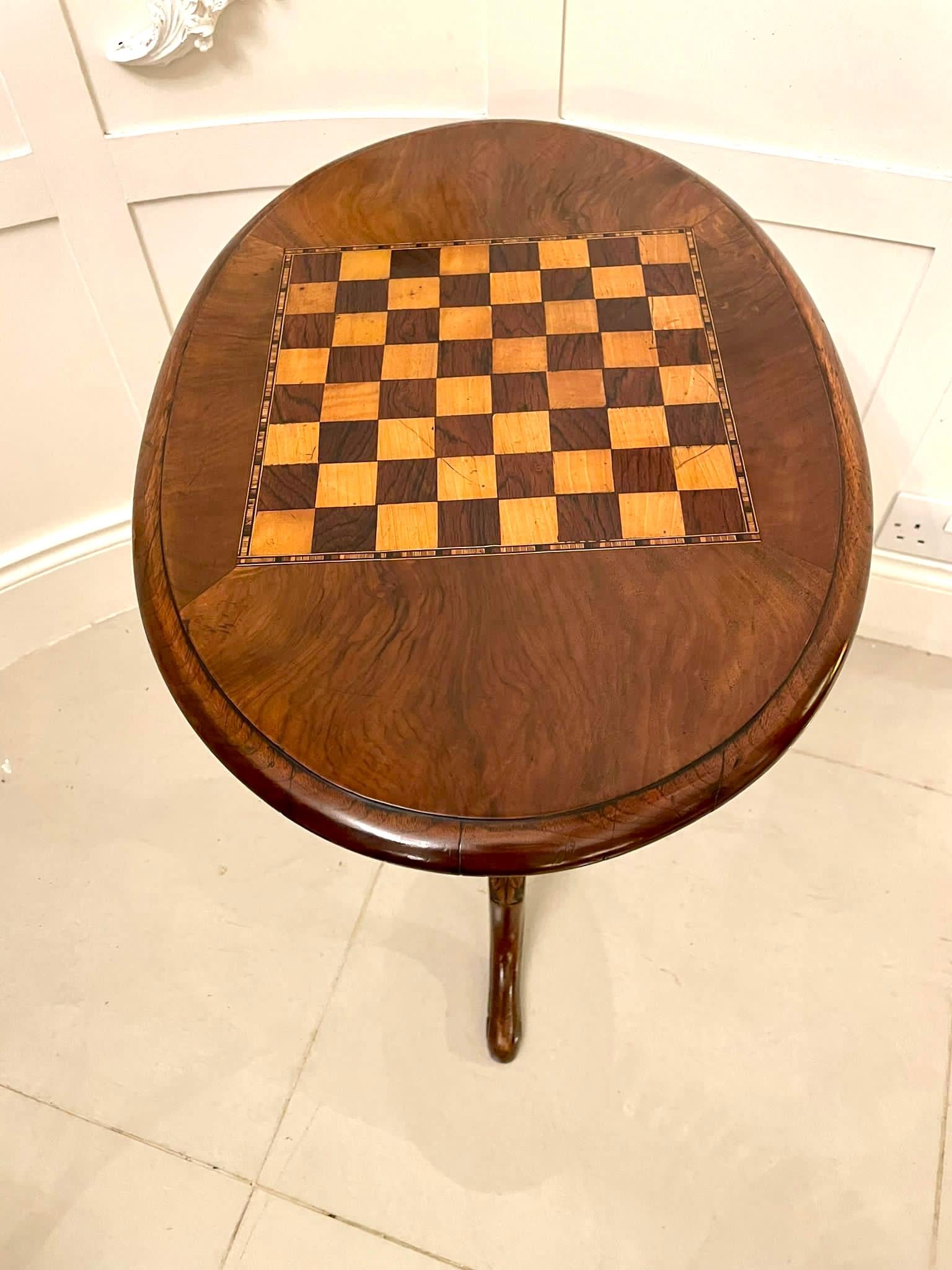 19th Century Antique Victorian Quality Figured Walnut Oval Shaped Chess Top Table