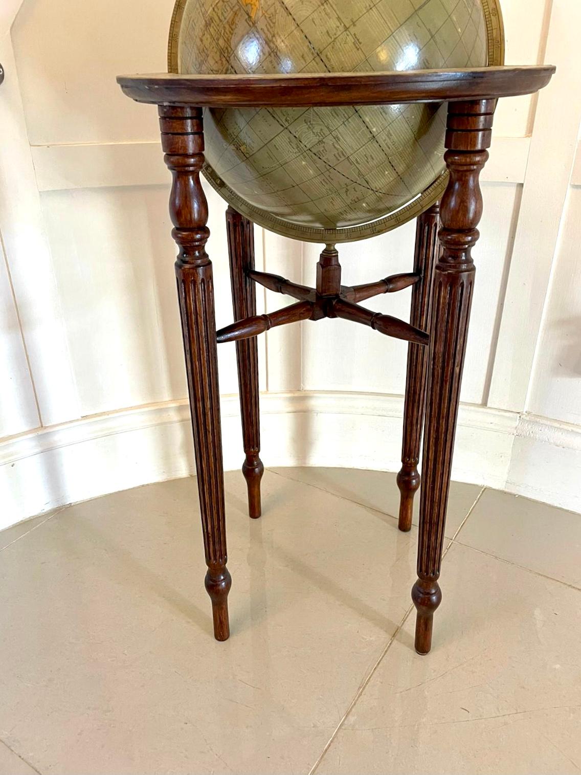 Antique Victorian quality floor standing library globe having a quality globe of the world above four quality reeded legs with turned feet united by a turned crossed stretcher.

A marvelous piece of elegant proportions in lovely original