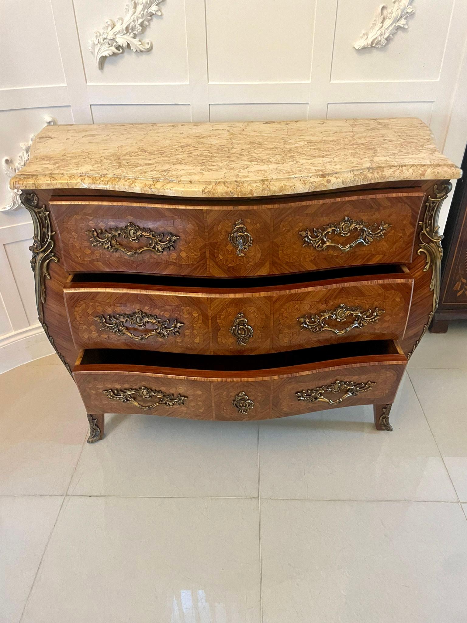 Antique Victorian quality French parquetry marble top commode chest of drawers having a serpentine shaped marble top with a moulded edge above 3 serpentine shaped quality kingwood and parquetry inlaid drawers with fantastic original ornate ormolu