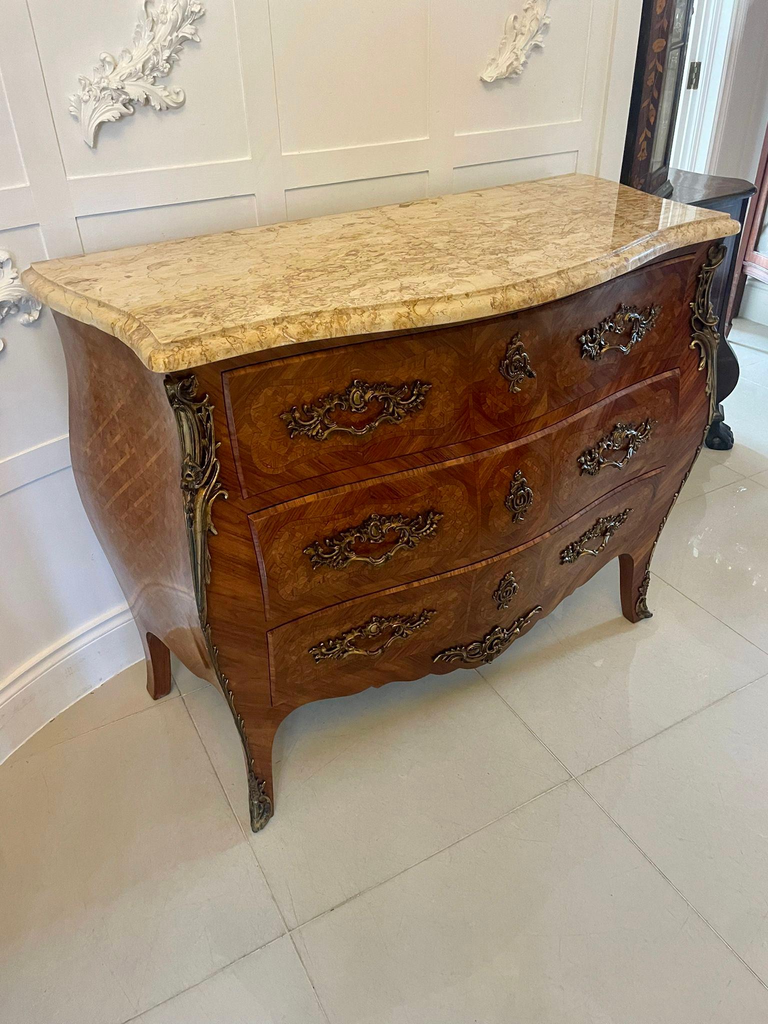 19th Century Antique Victorian Quality French Parquetry Marble Top Commode Chest of Drawers For Sale